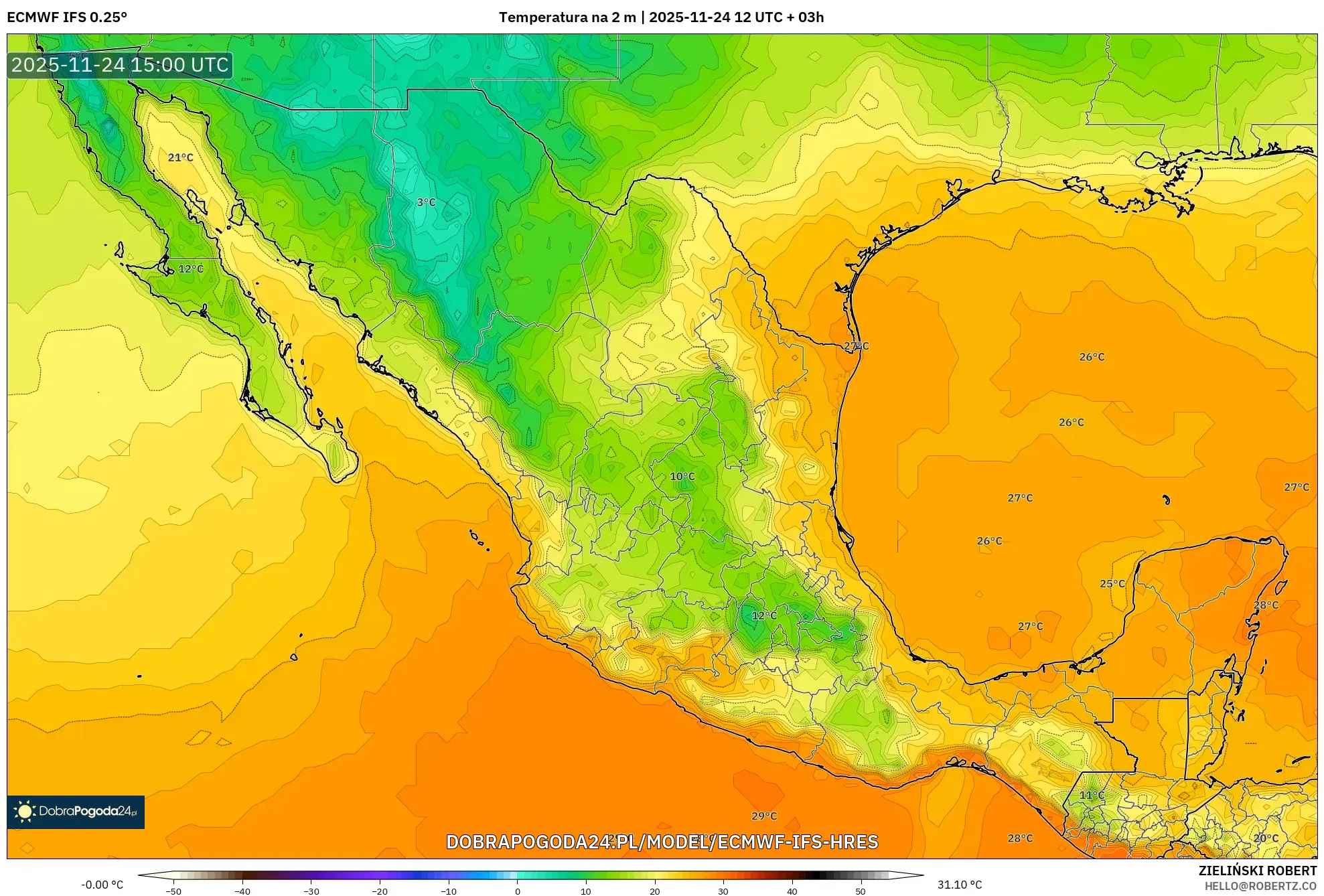 ECMWF IFS 0.25° model - Meksyk, Temperatura na 2 m