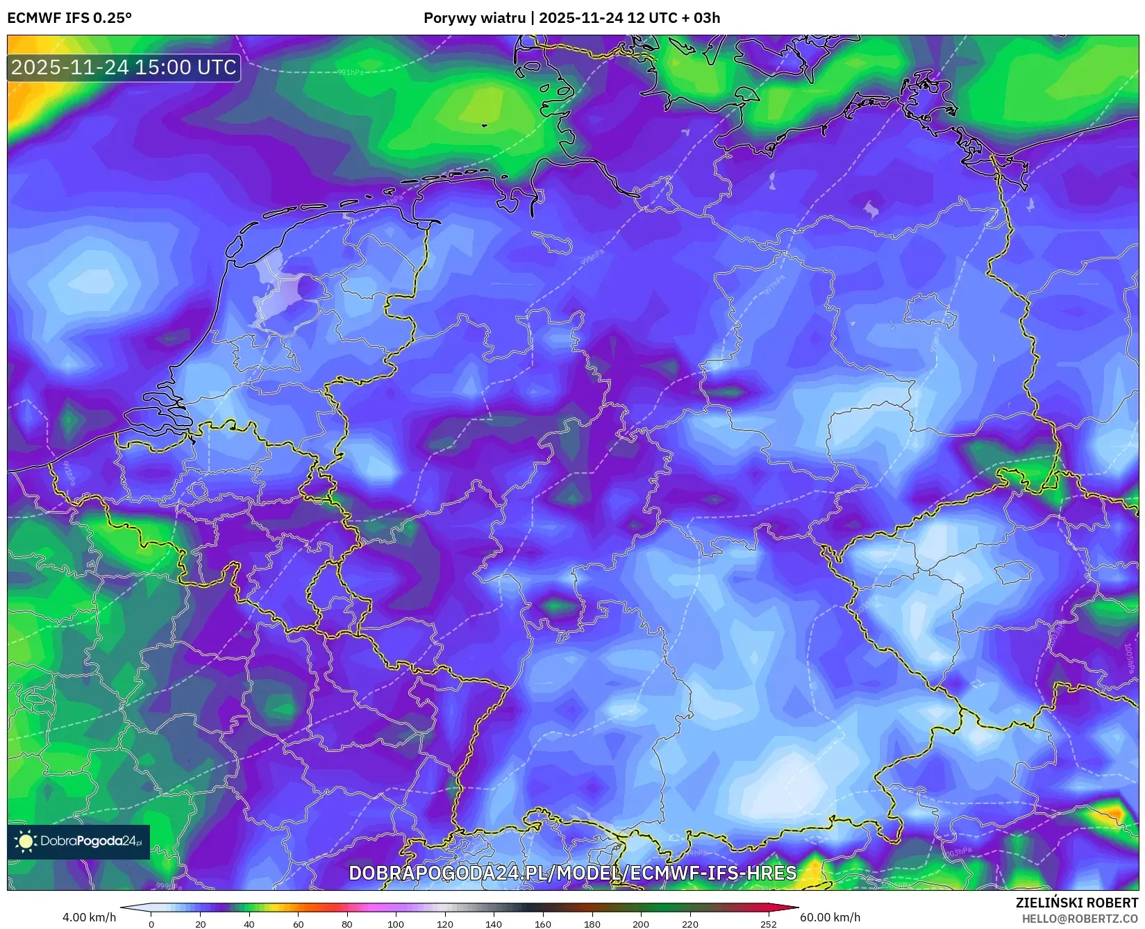 ECMWF IFS 0.25° model - Niemcy, Porywy wiatru