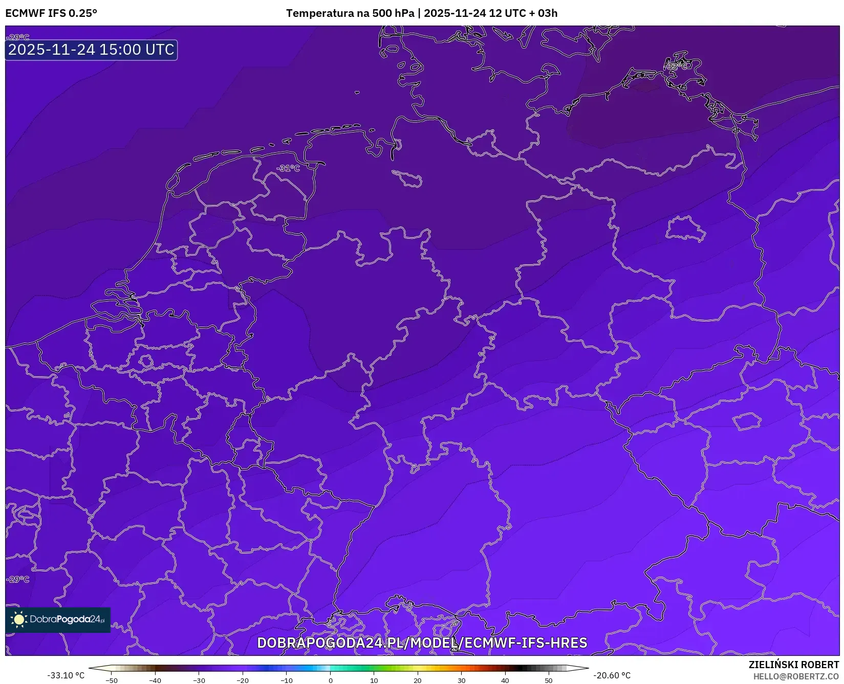 ECMWF IFS 0.25° model - Niemcy, Temperatura na 500 hPa