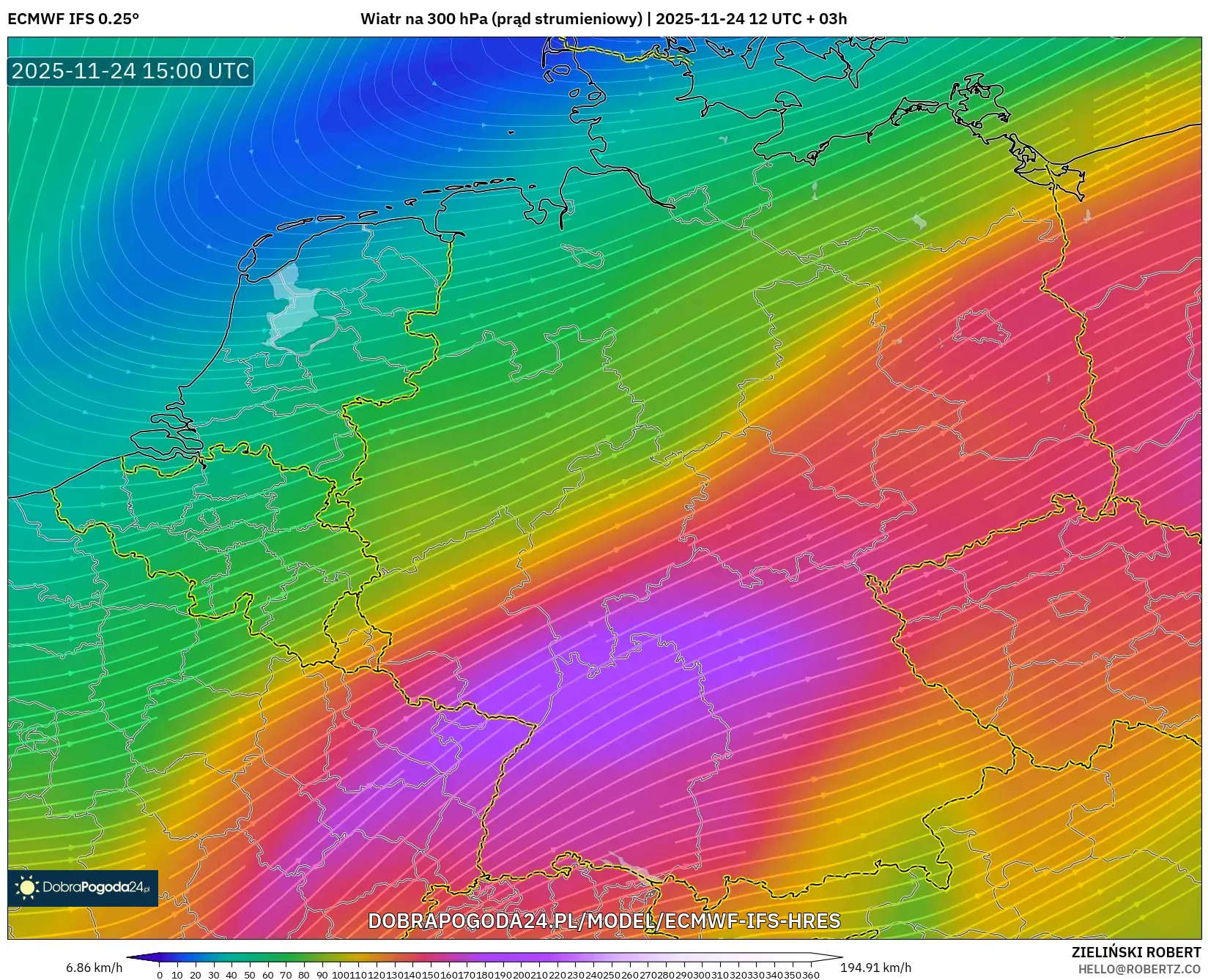 ECMWF IFS 0.25° model - Niemcy, Wiatr na 300 hPa (prąd strumieniowy)
