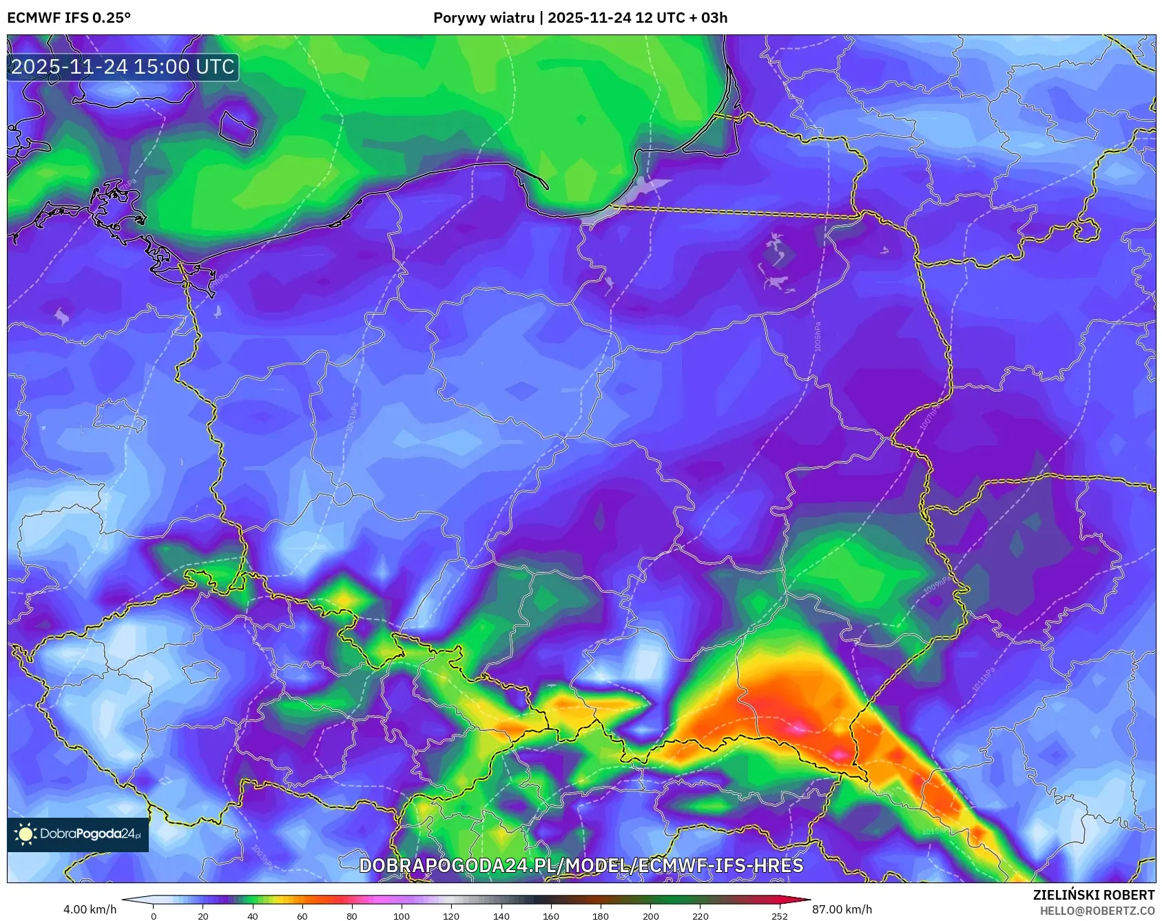 ECMWF IFS 0.25° model - Polska, Porywy wiatru