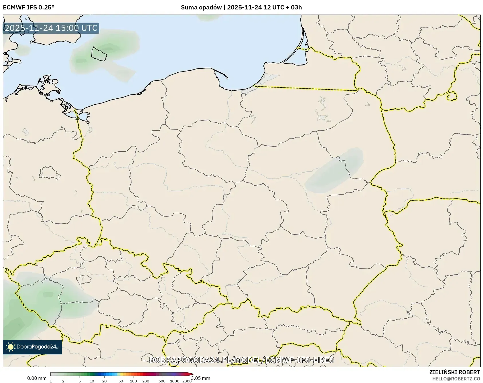 ECMWF IFS 0.25° model - Polska, Suma opadów