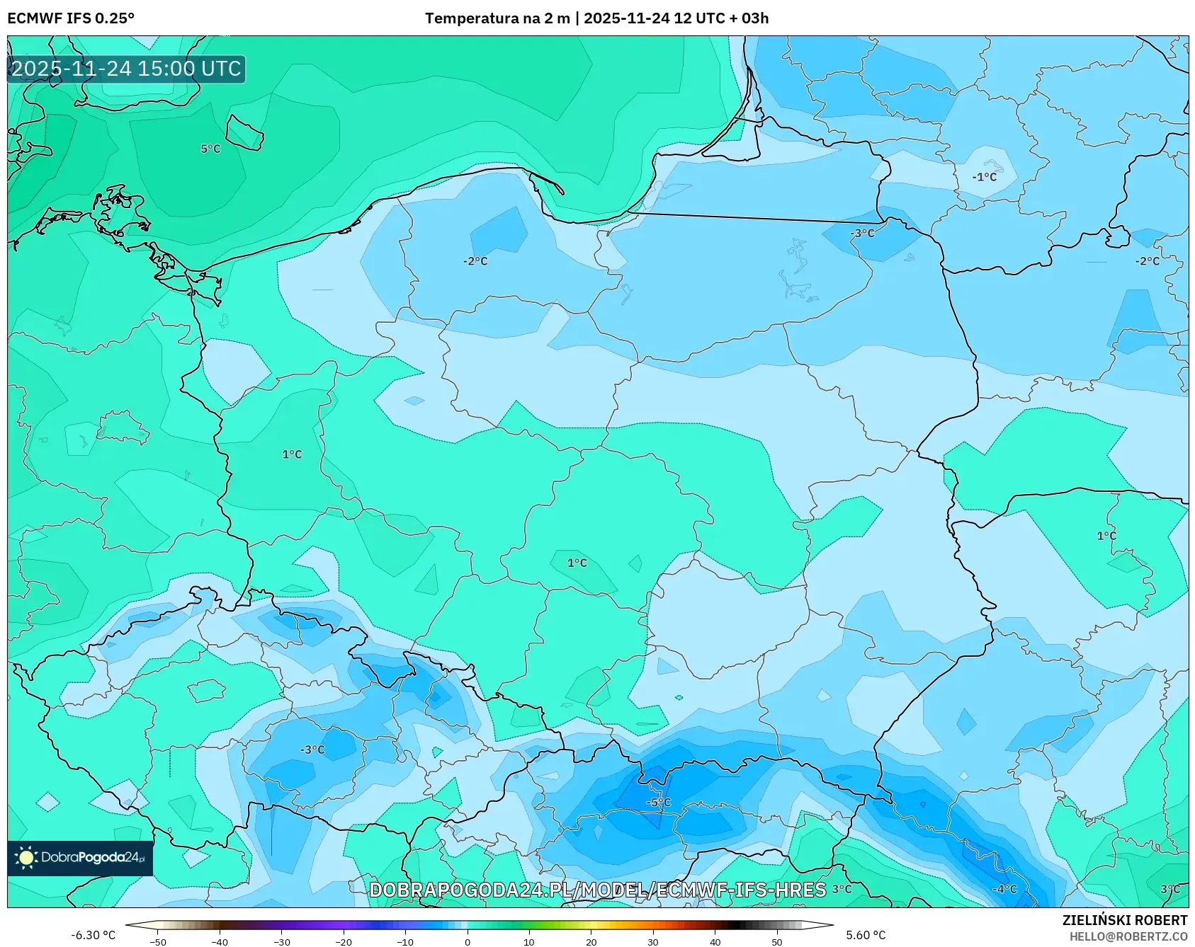 ECMWF IFS 0.25° model - Polska, Temperatura na 2 m