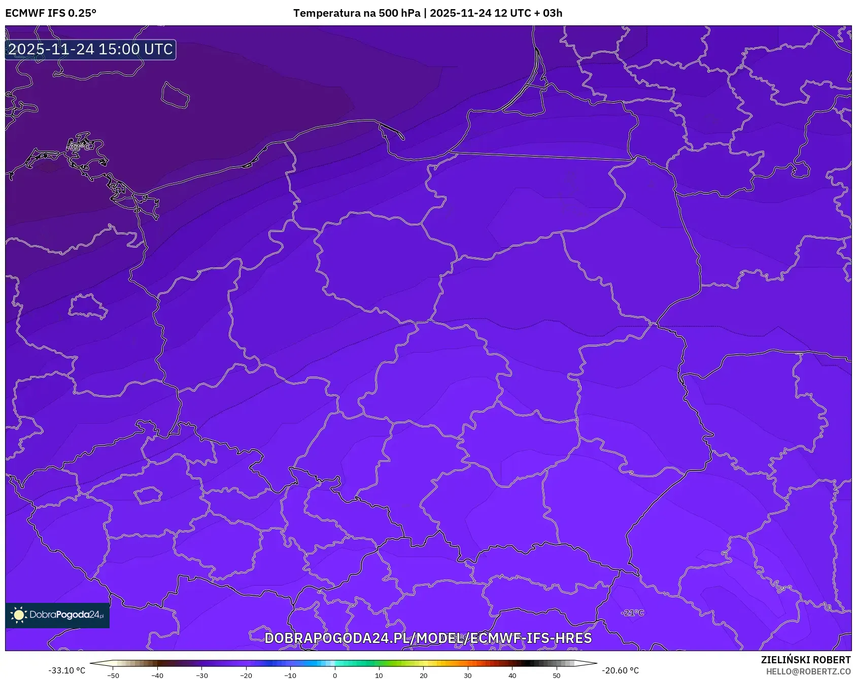 ECMWF IFS 0.25° model - Polska, Temperatura na 500 hPa