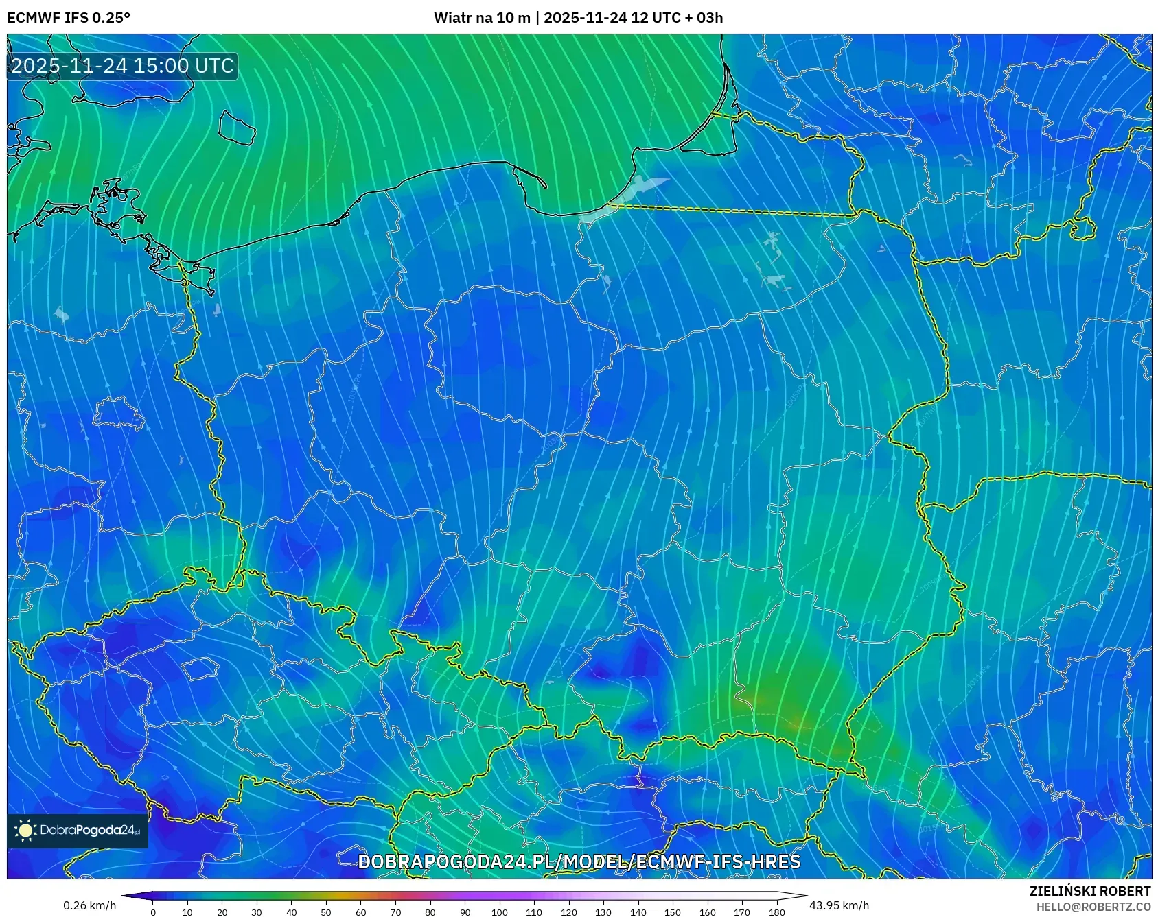ECMWF IFS 0.25° model - Polska, Wiatr na 10 m