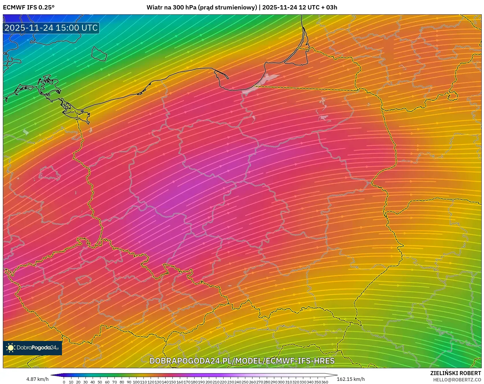 ECMWF IFS 0.25° model - Polska, Wiatr na 300 hPa (prąd strumieniowy)