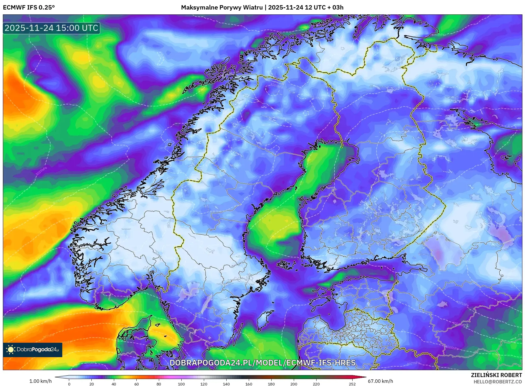 ECMWF IFS 0.25° model - Skandynawia, Maksymalne Porywy Wiatru