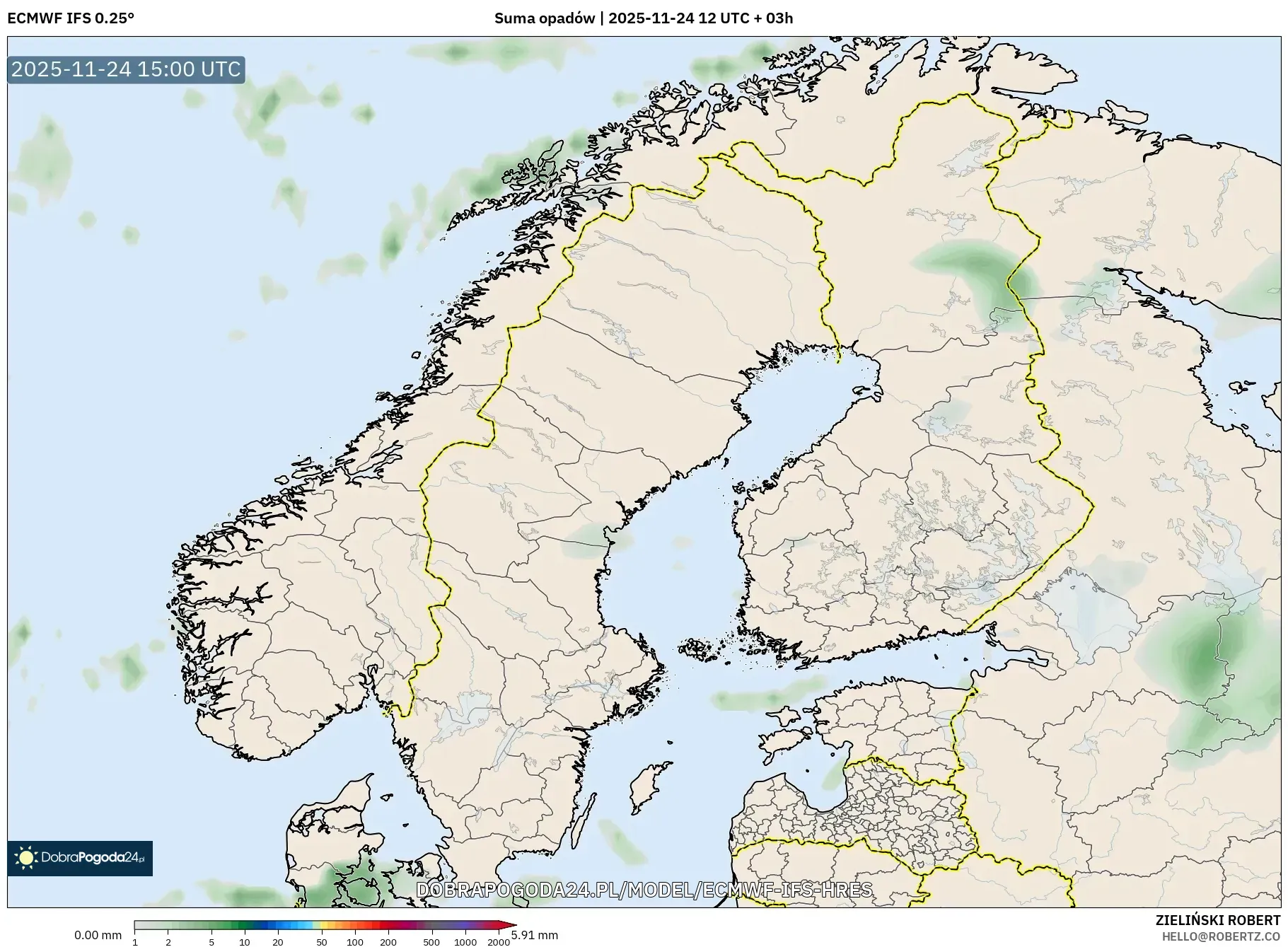 ECMWF IFS 0.25° model - Skandynawia, Suma opadów