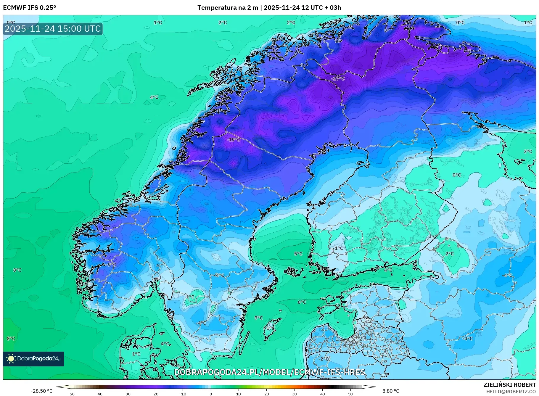 ECMWF IFS 0.25° model - Skandynawia, Temperatura na 2 m