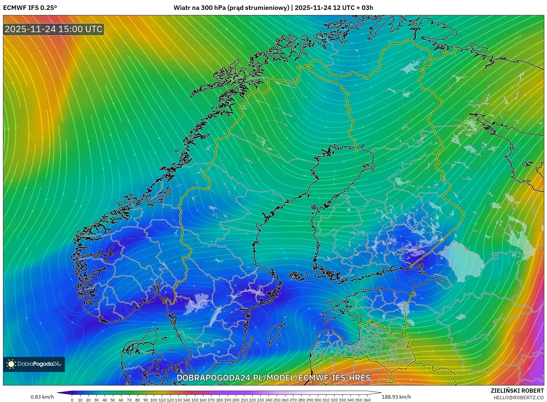 ECMWF IFS 0.25° model - Skandynawia, Wiatr na 300 hPa (prąd strumieniowy)