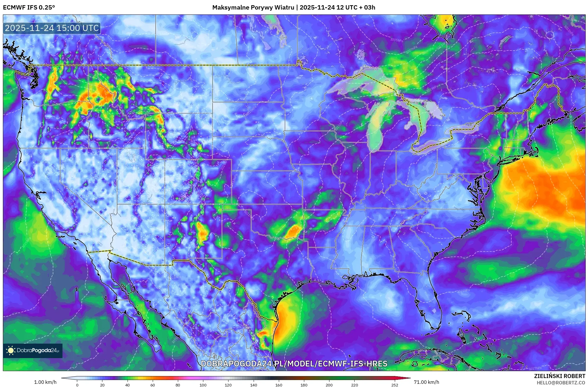 ECMWF IFS 0.25° model - Stany Zjednoczone, Maksymalne Porywy Wiatru