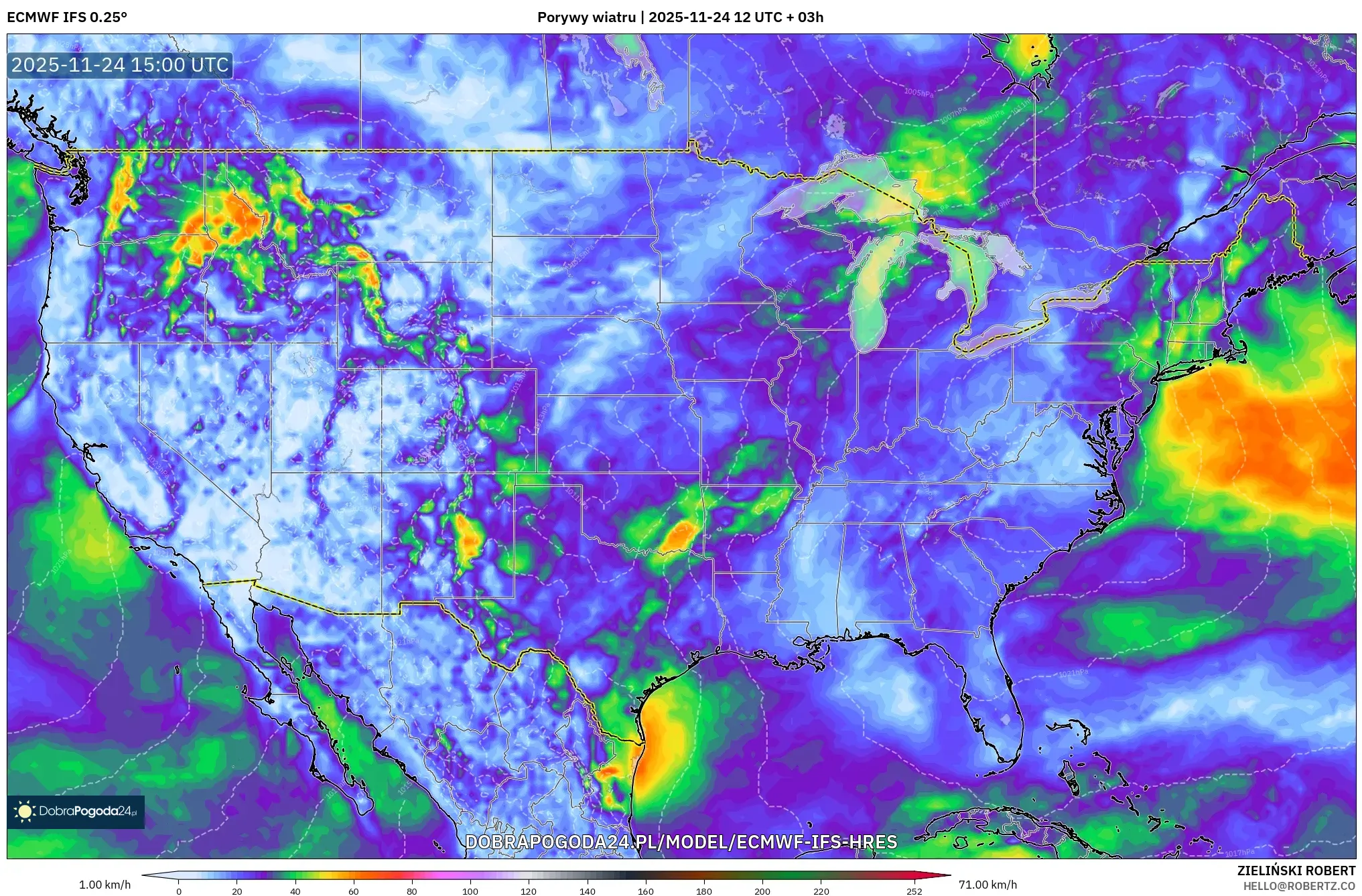 ECMWF IFS 0.25° model - Stany Zjednoczone, Porywy wiatru