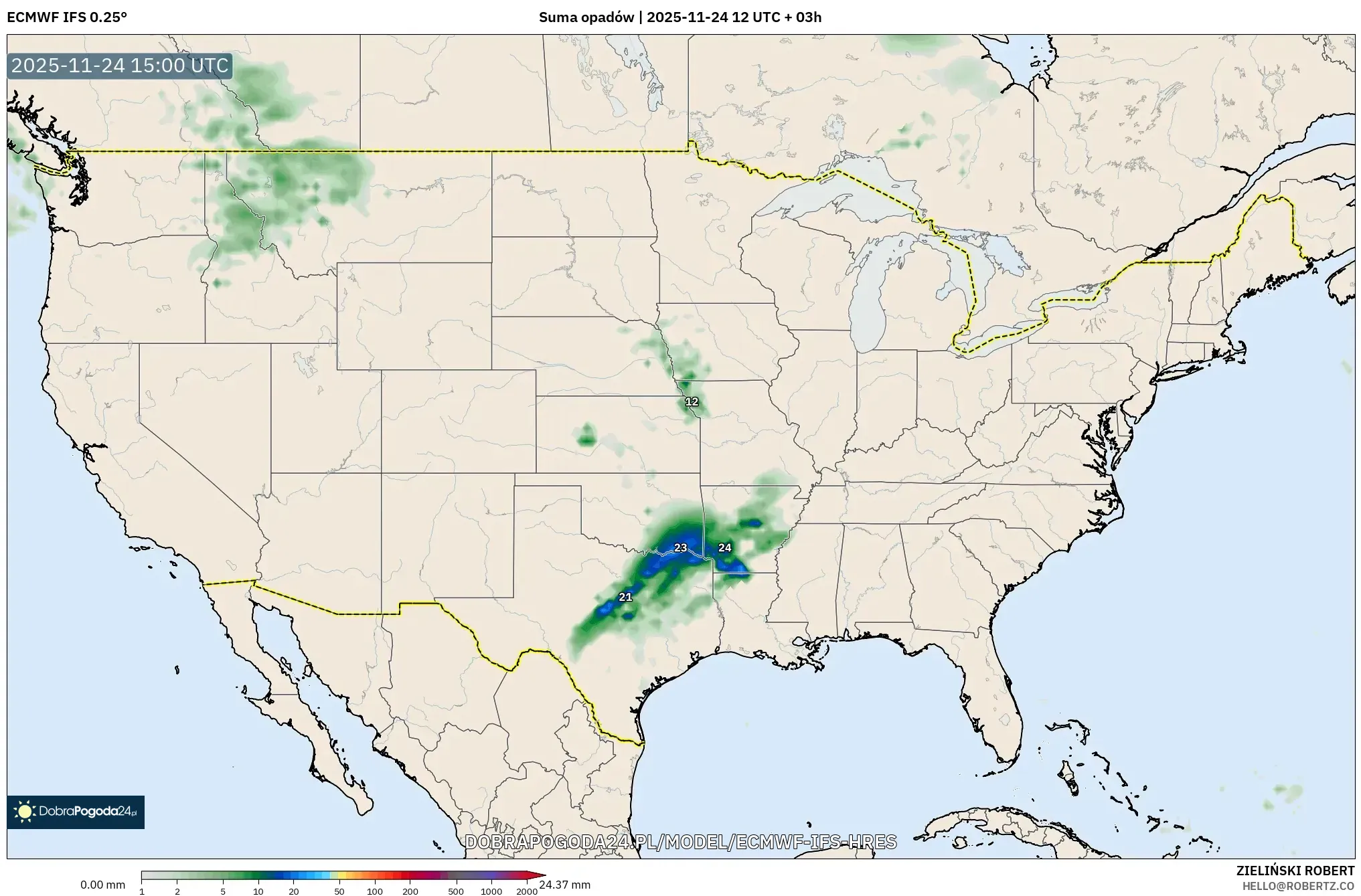ECMWF IFS 0.25° model - Stany Zjednoczone, Suma opadów