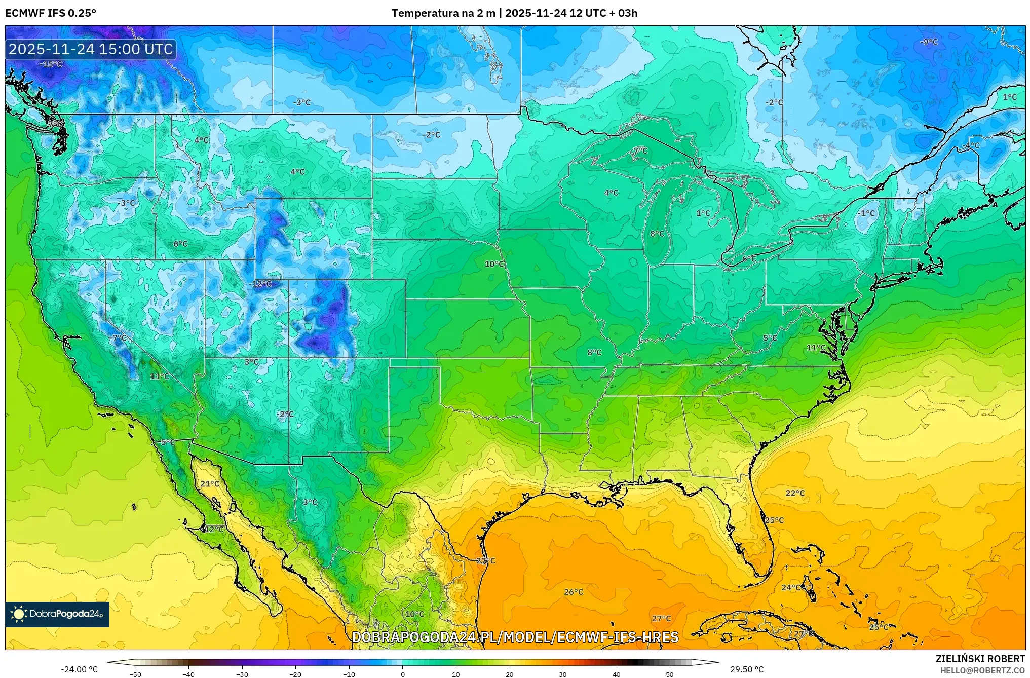 ECMWF IFS 0.25° model - Stany Zjednoczone, Temperatura na 2 m