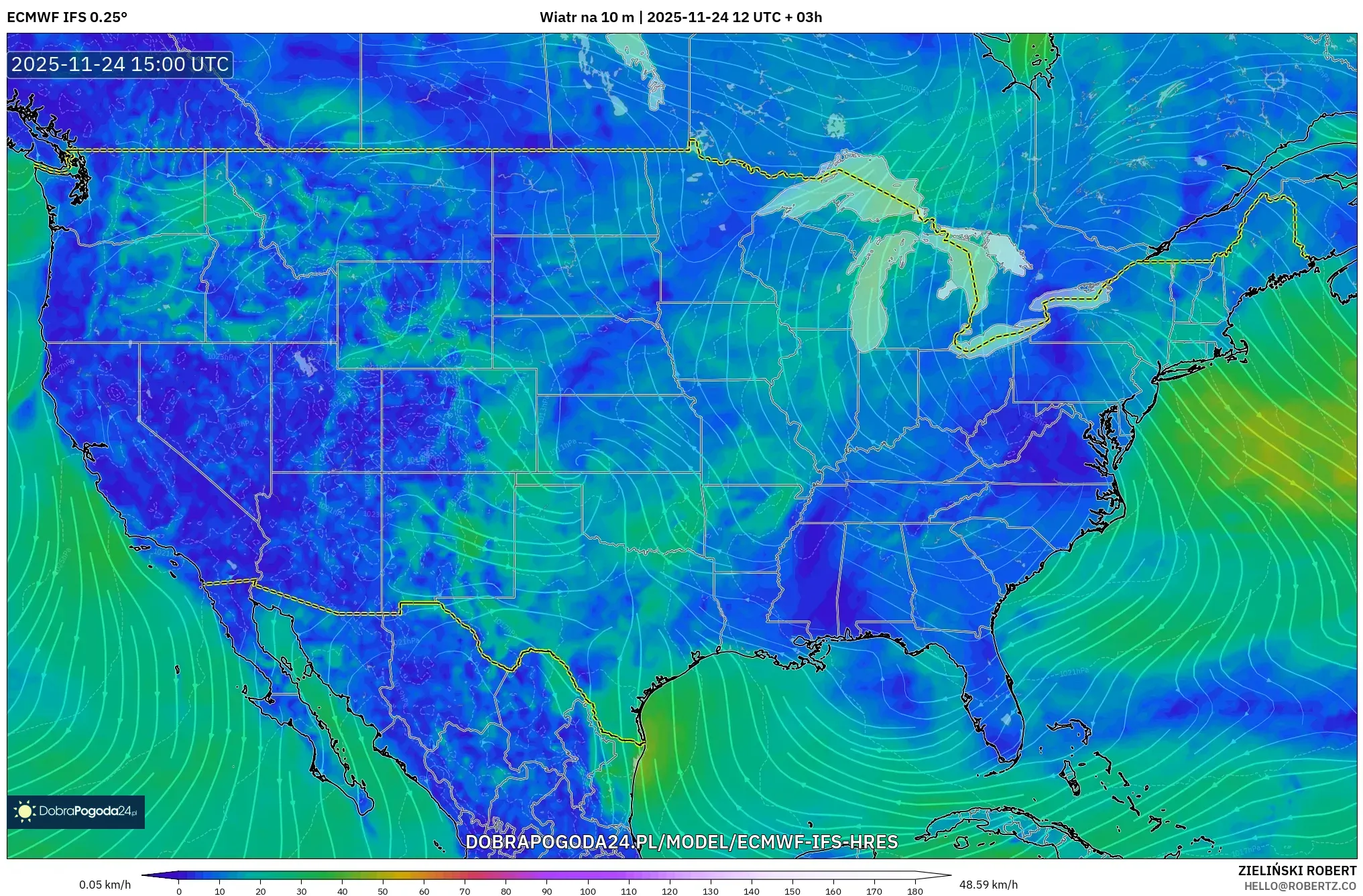 ECMWF IFS 0.25° model - Stany Zjednoczone, Wiatr na 10 m