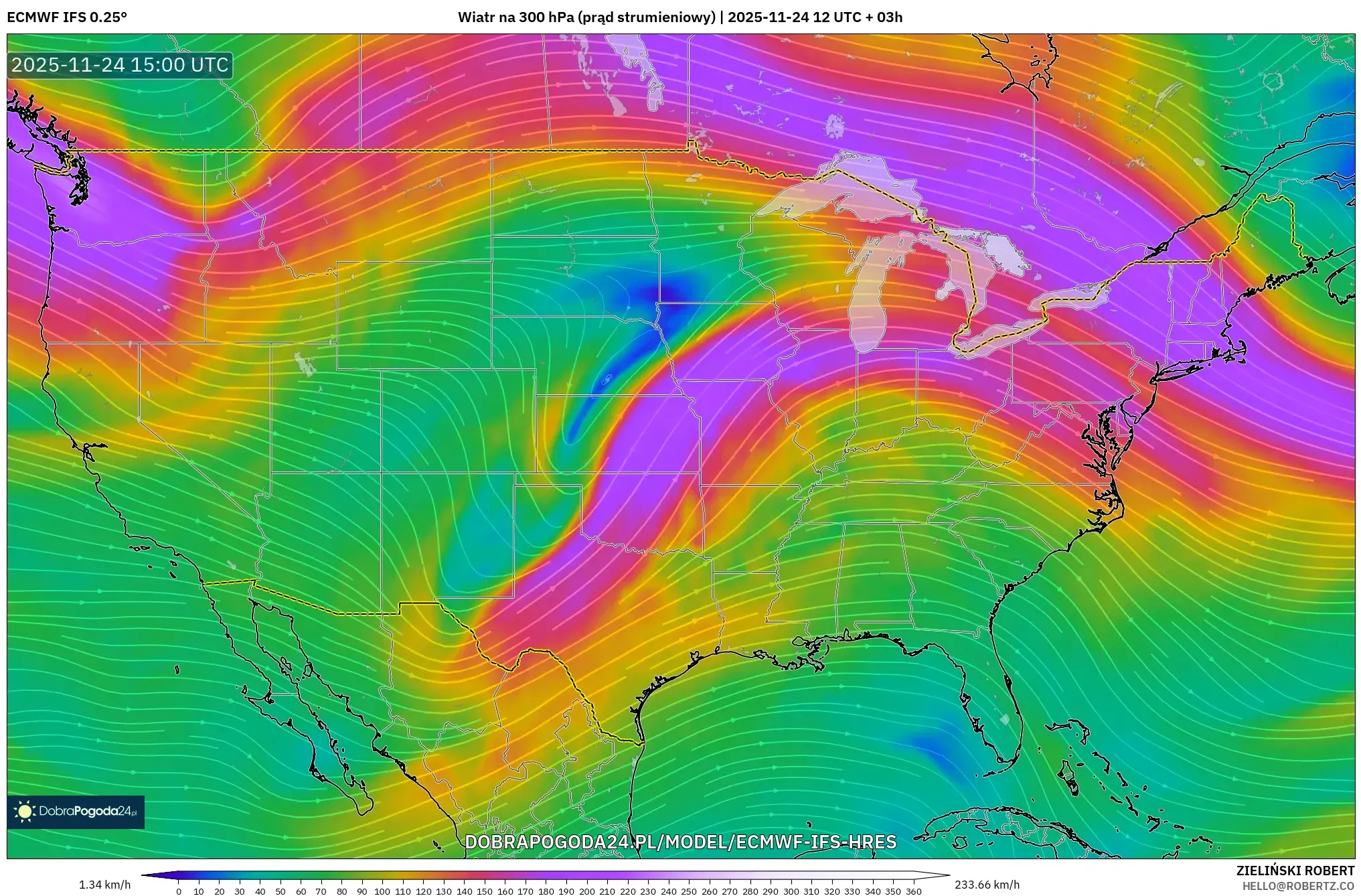 ECMWF IFS 0.25° model - Stany Zjednoczone, Wiatr na 300 hPa (prąd strumieniowy)