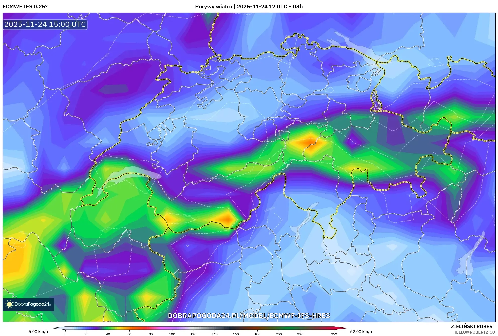 ECMWF IFS 0.25° model - Szwajcaria, Porywy wiatru