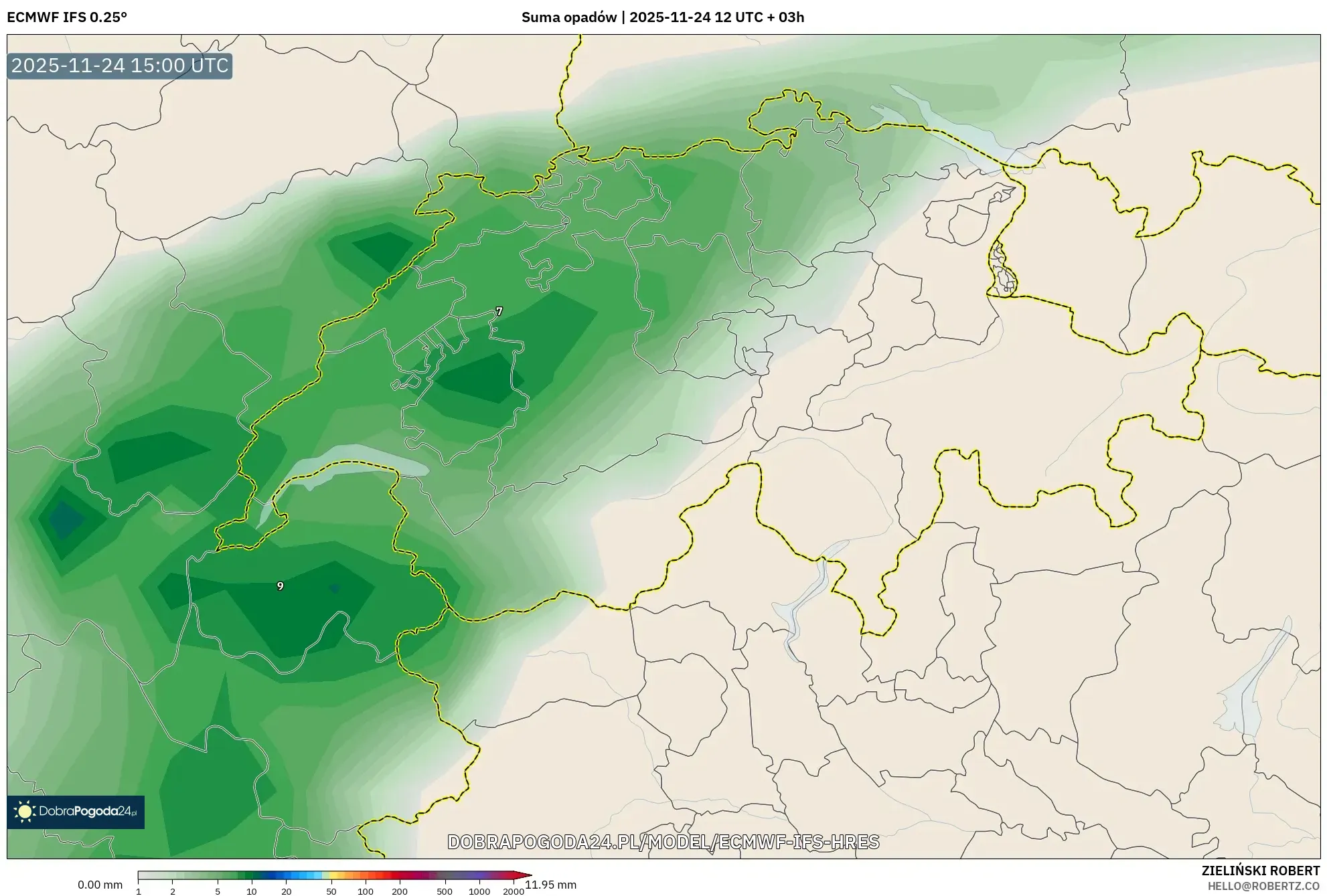 ECMWF IFS 0.25° model - Szwajcaria, Suma opadów