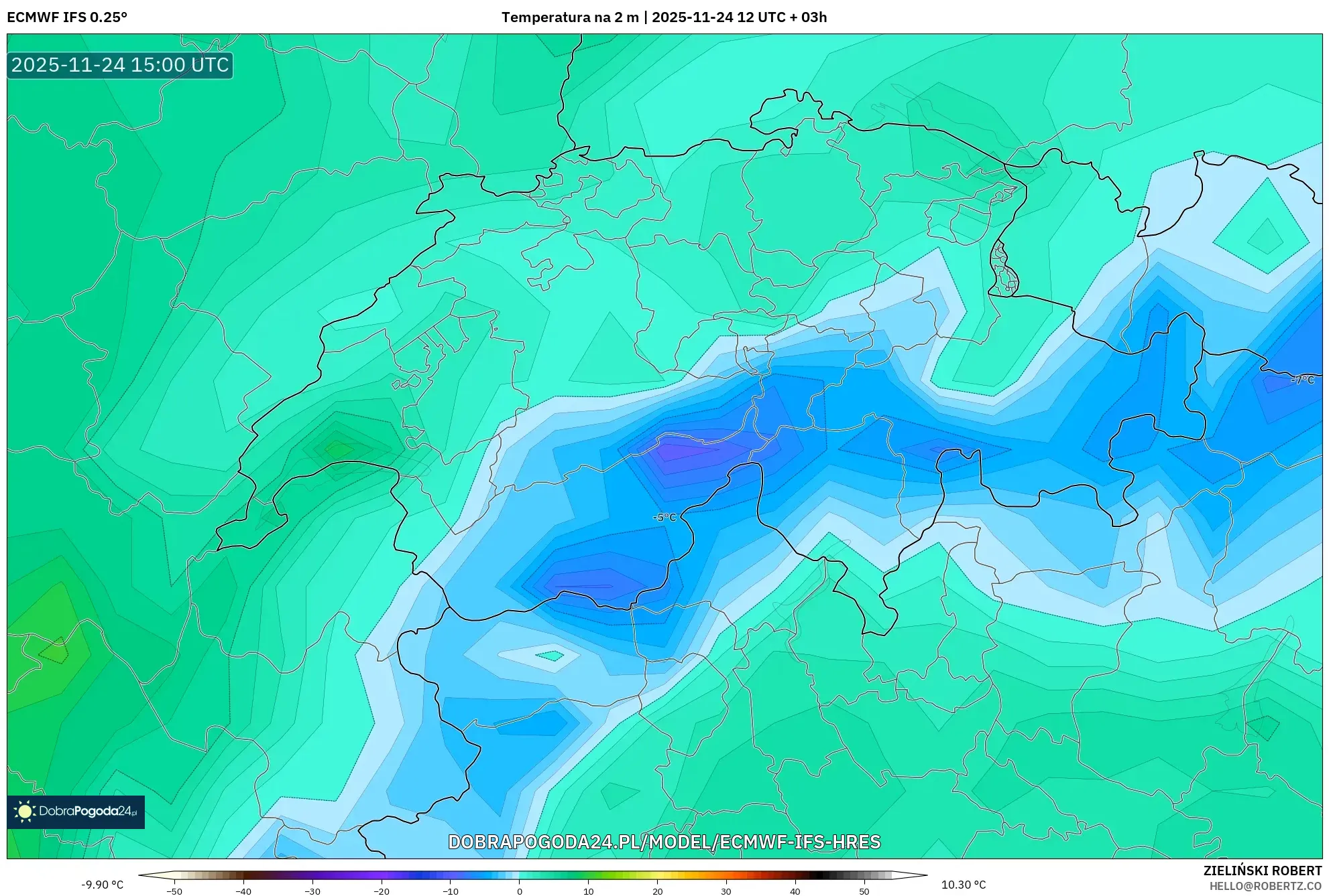 ECMWF IFS 0.25° model - Szwajcaria, Temperatura na 2 m
