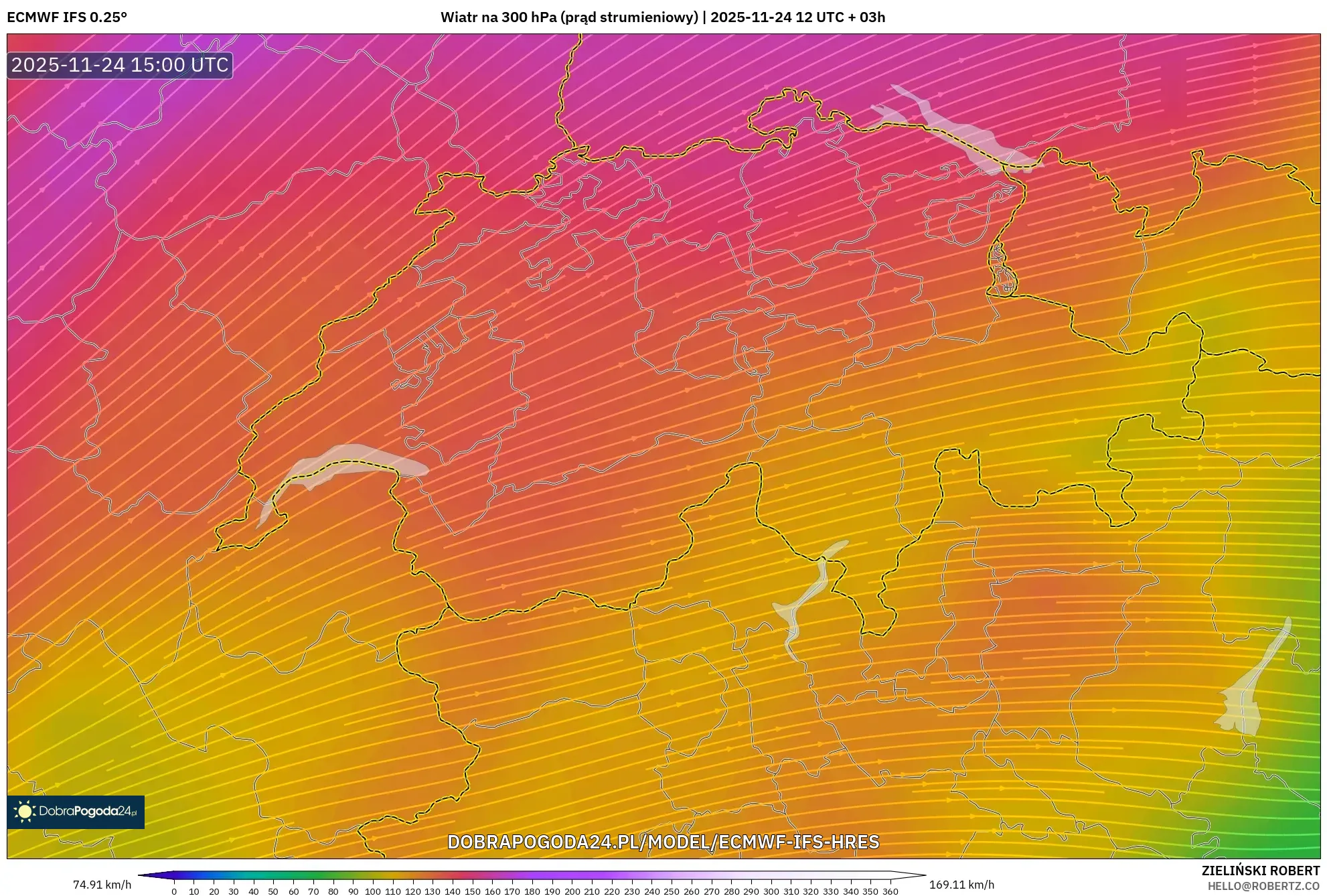 ECMWF IFS 0.25° model - Szwajcaria, Wiatr na 300 hPa (prąd strumieniowy)