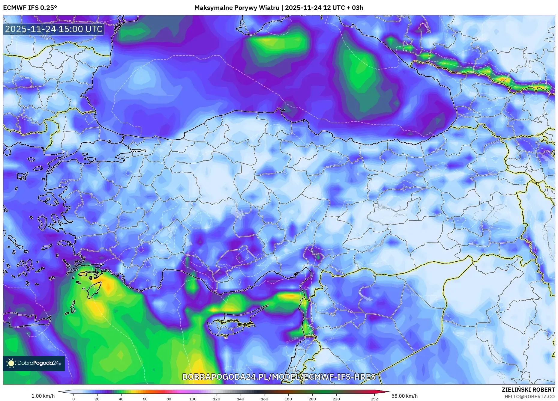 ECMWF IFS 0.25° model - Turcja, Maksymalne Porywy Wiatru