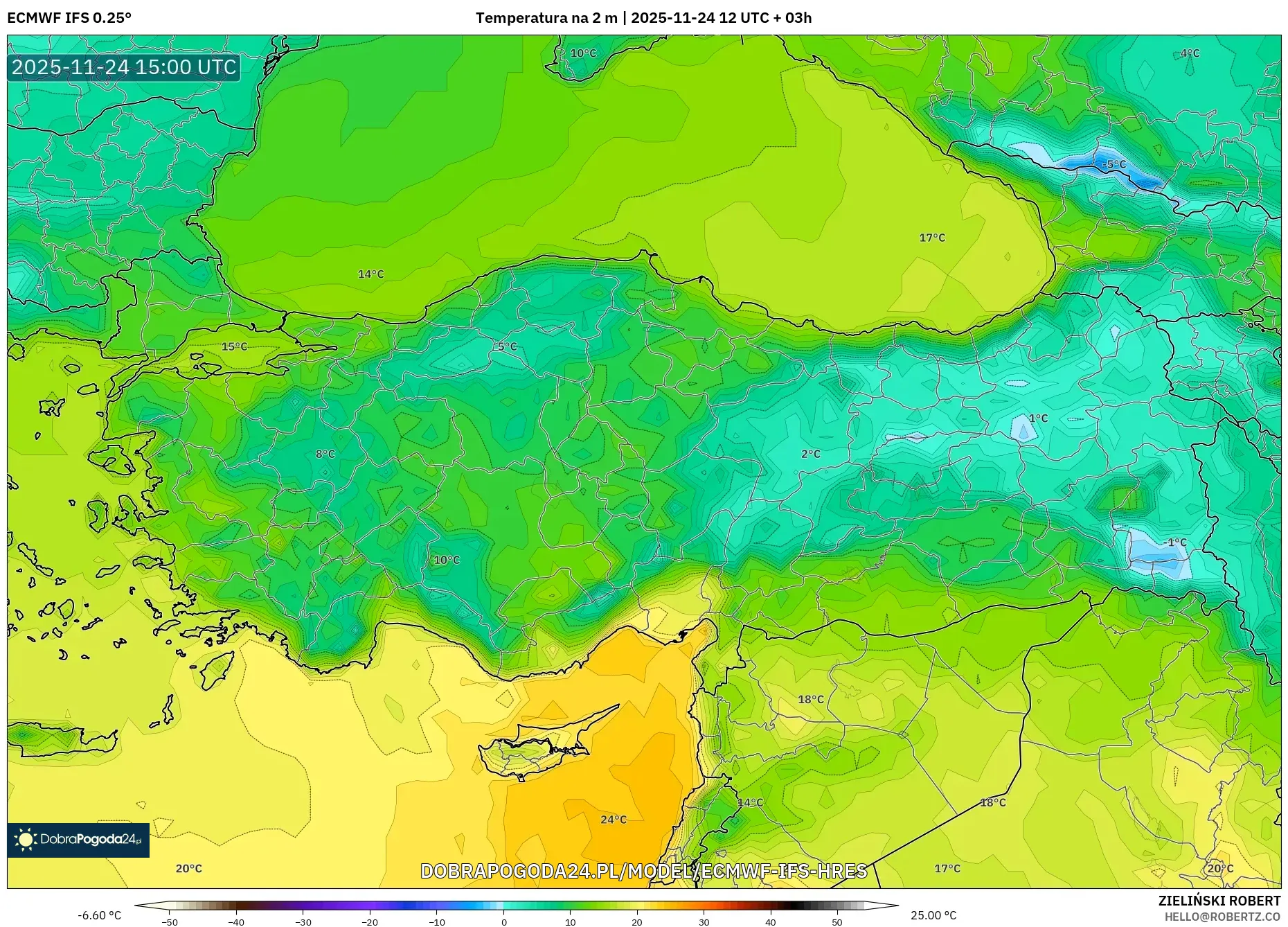 ECMWF IFS 0.25° model - Turcja, Temperatura na 2 m