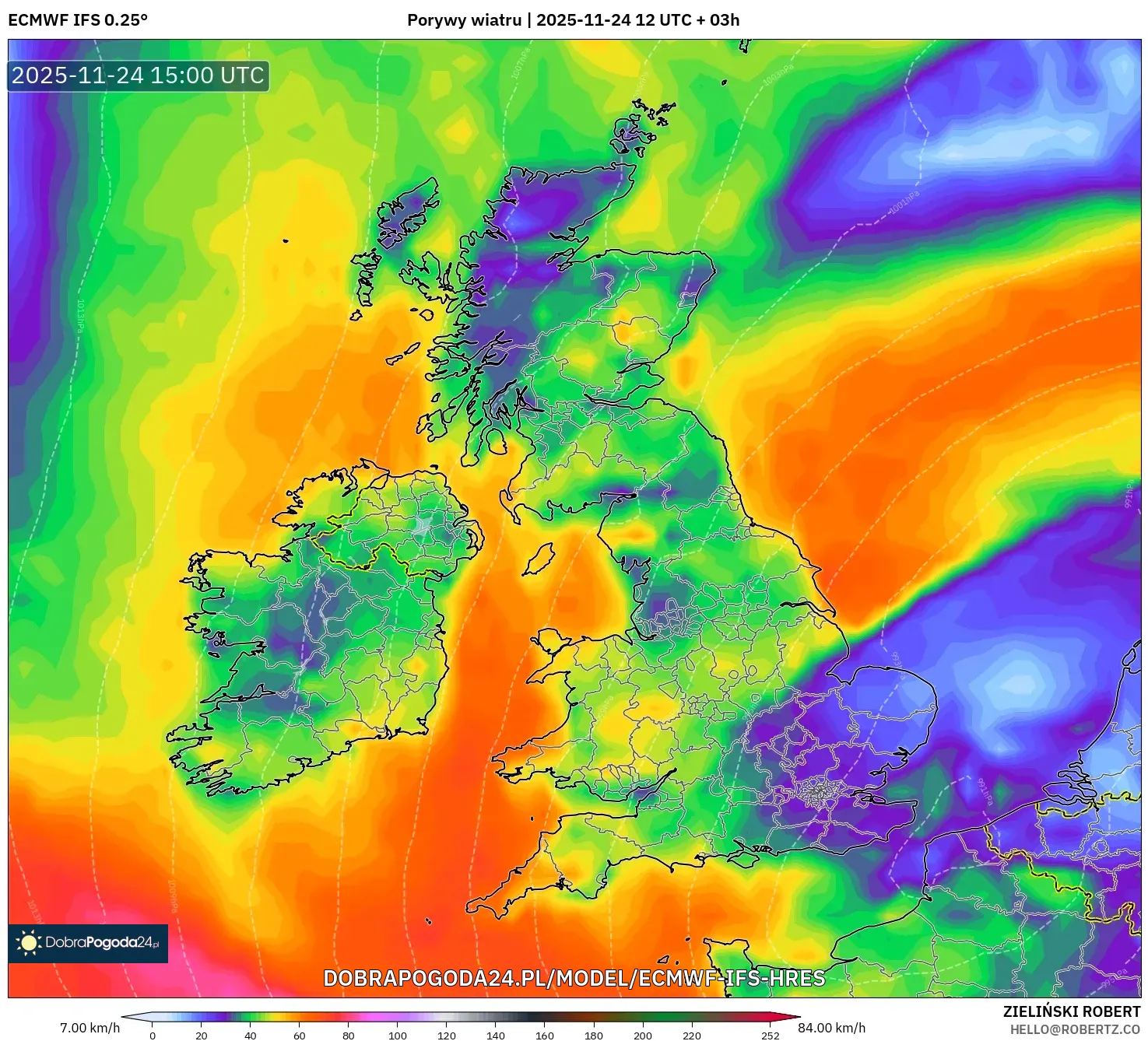 ECMWF IFS 0.25° model - Wielka Brytania, Porywy wiatru