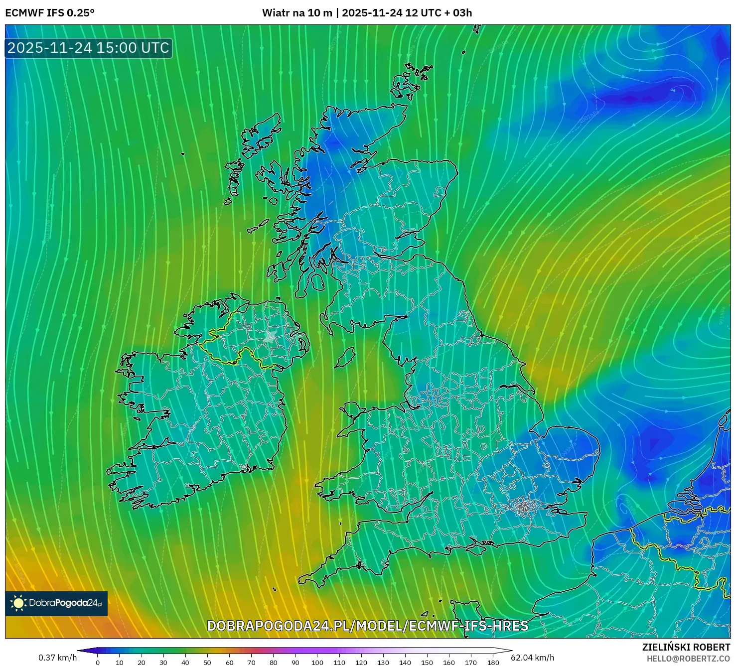 ECMWF IFS 0.25° model - Wielka Brytania, Wiatr na 10 m