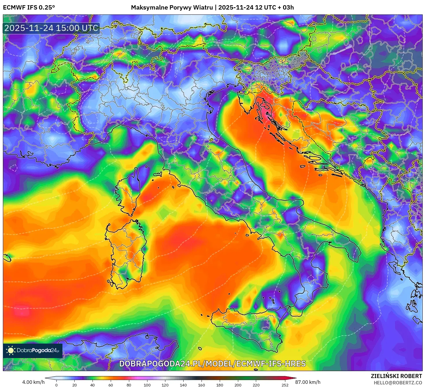 ECMWF IFS 0.25° model - Włochy, Maksymalne Porywy Wiatru