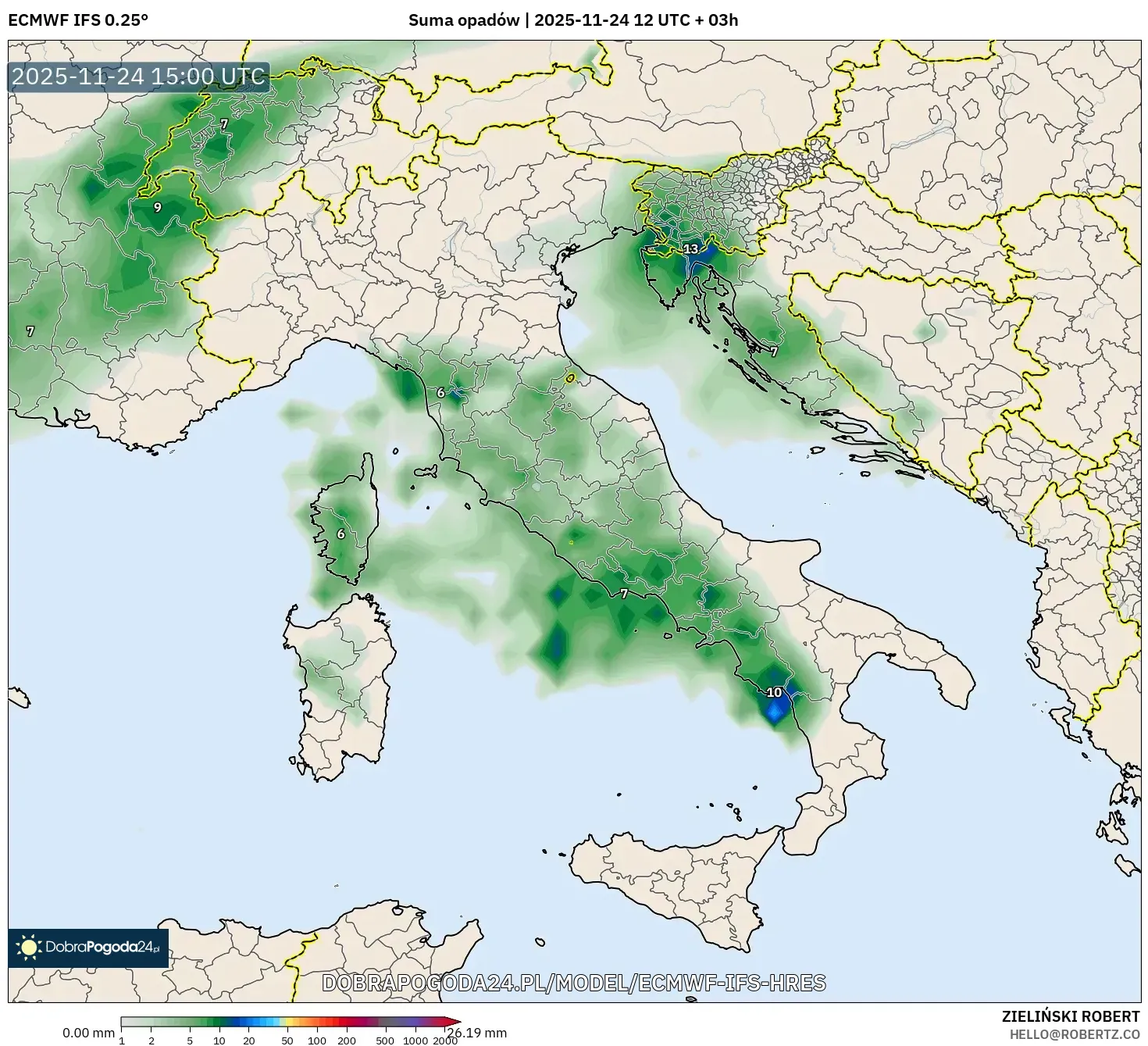 ECMWF IFS 0.25° model - Włochy, Suma opadów