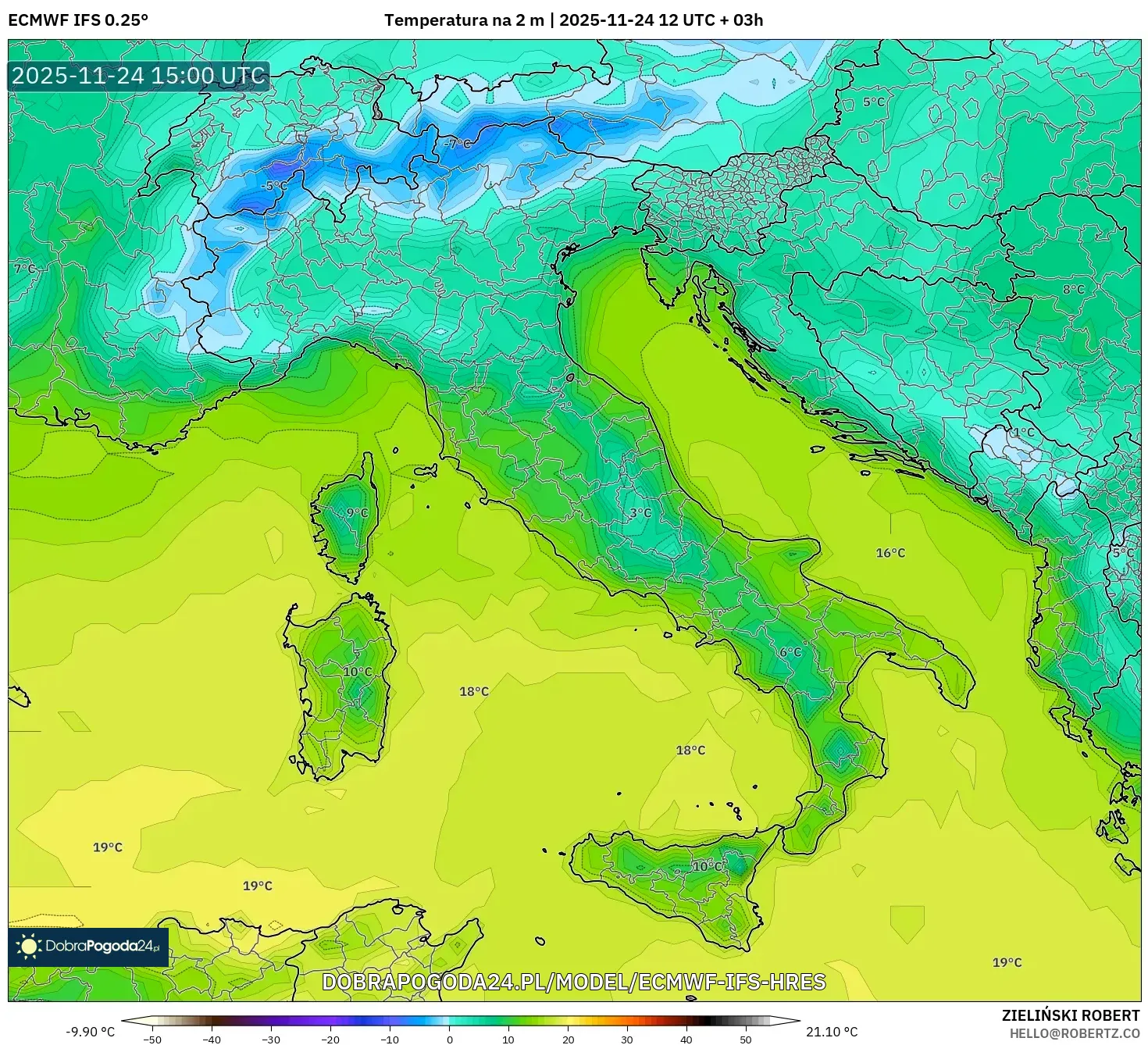 ECMWF IFS 0.25° model - Włochy, Temperatura na 2 m