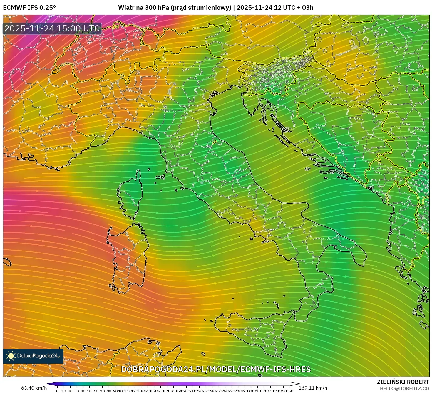 ECMWF IFS 0.25° model - Włochy, Wiatr na 300 hPa (prąd strumieniowy)