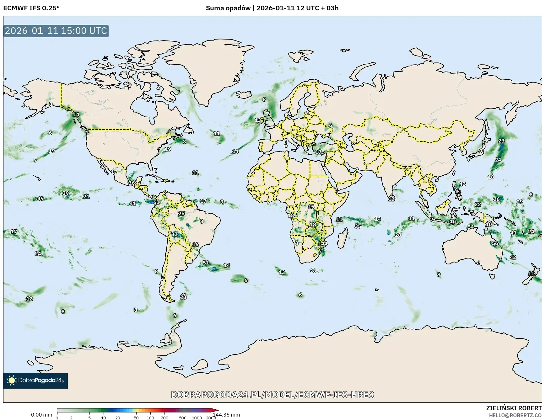 ECMWF IFS 0.25° model - Świat, Suma opadów