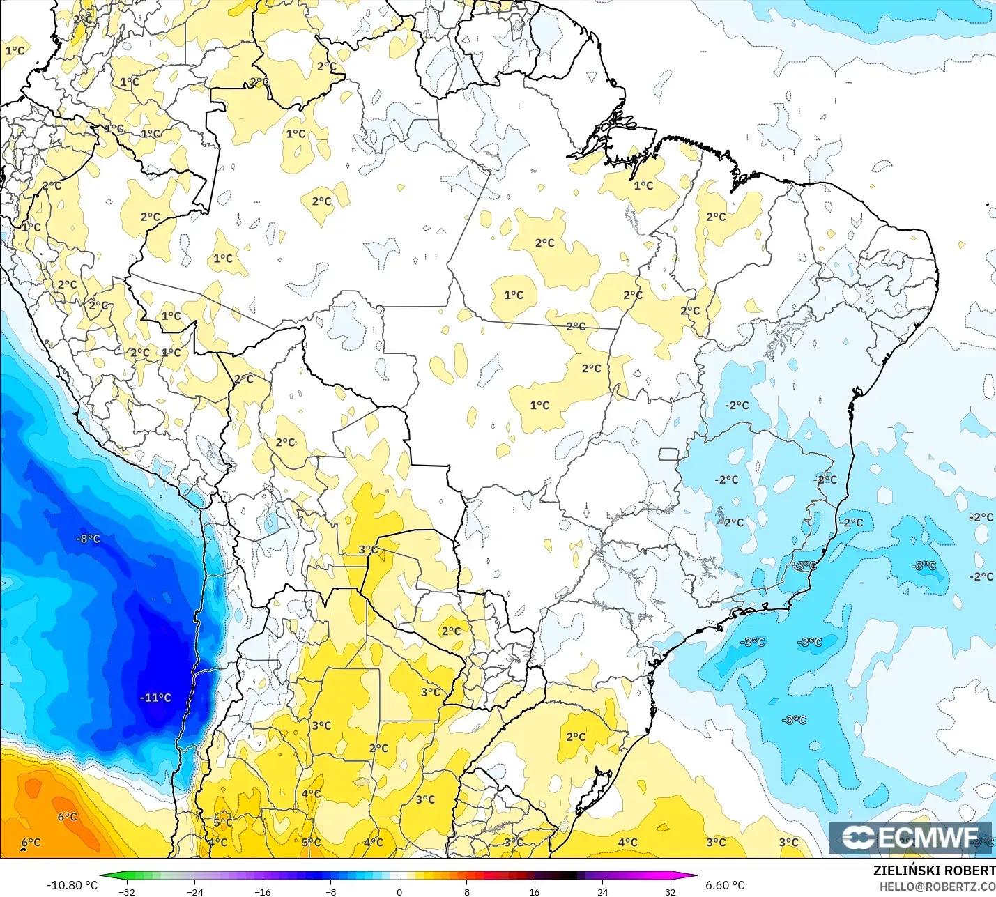 ECMWF IFS 0.25° model - Brazylia, Anomalia temperatury na 850 hPa