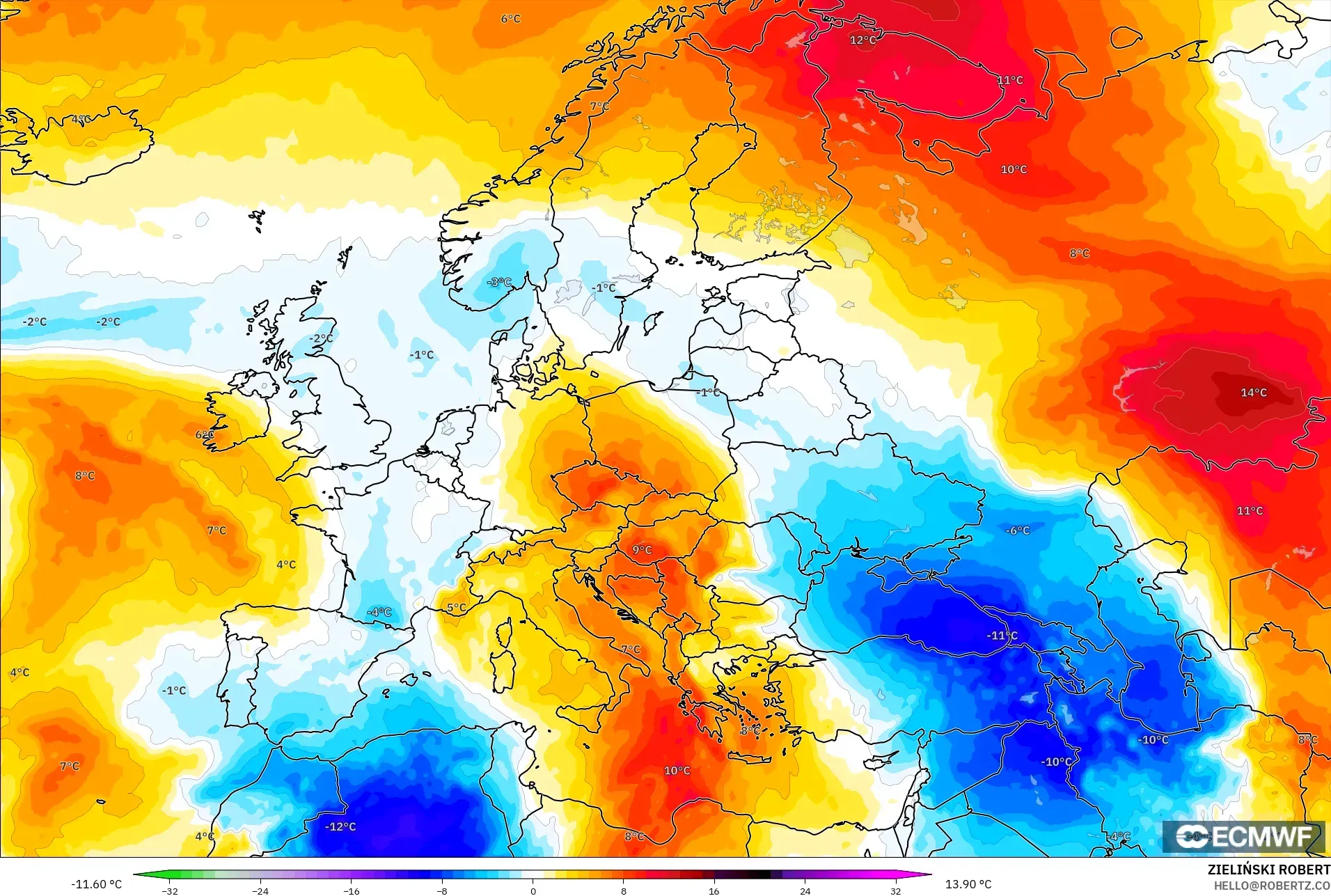 ECMWF IFS 0.25° model - Europa, Anomalia temperatury na 850 hPa