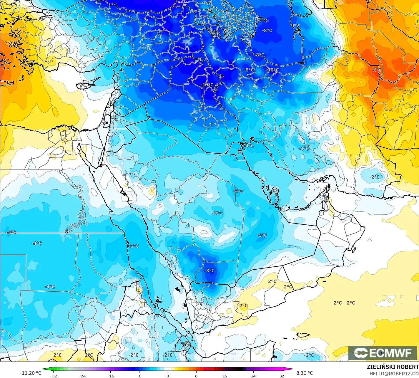 ECMWF IFS 0.25° model - Bliski Wschód, Anomalia temperatury na 850 hPa