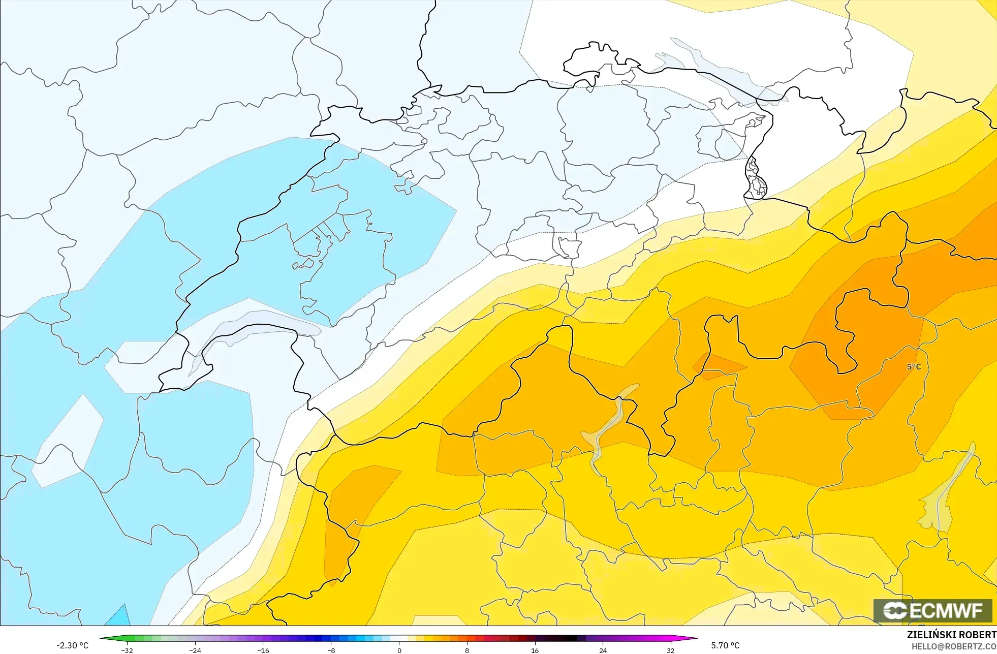 ECMWF IFS 0.25° model - Szwajcaria, Anomalia temperatury na 850 hPa