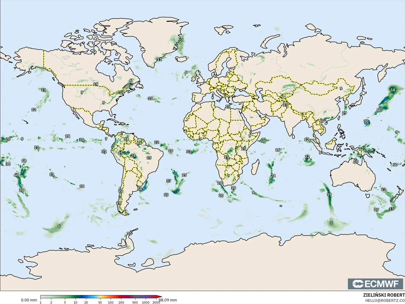 ECMWF IFS 0.25° model - Świat, Suma opadów