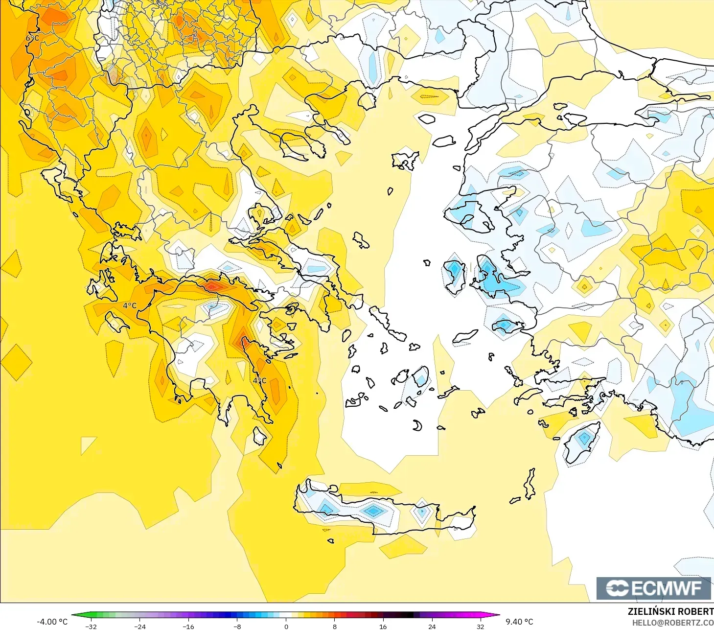 ECMWF IFS 0.25° model - Grecja, Anomalia temperatury na 2 m