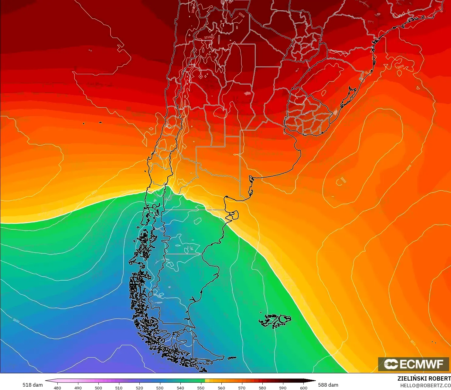 ECMWF IFS 0.25° model - Argentyna, Wysokość geopotencjalna na poziomie 500 hPa
