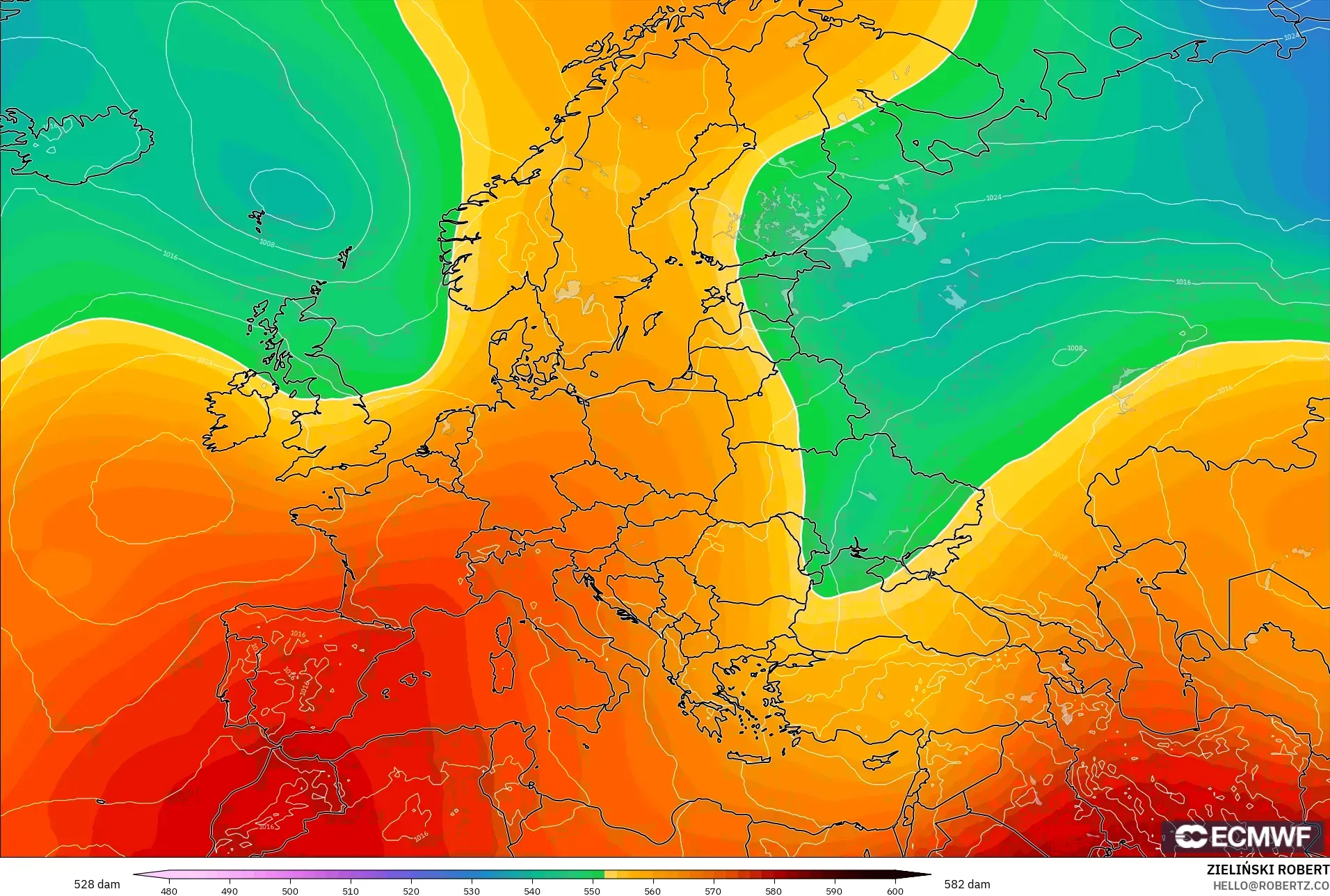 ECMWF IFS 0.25° model - Europa, Wysokość geopotencjalna na poziomie 500 hPa