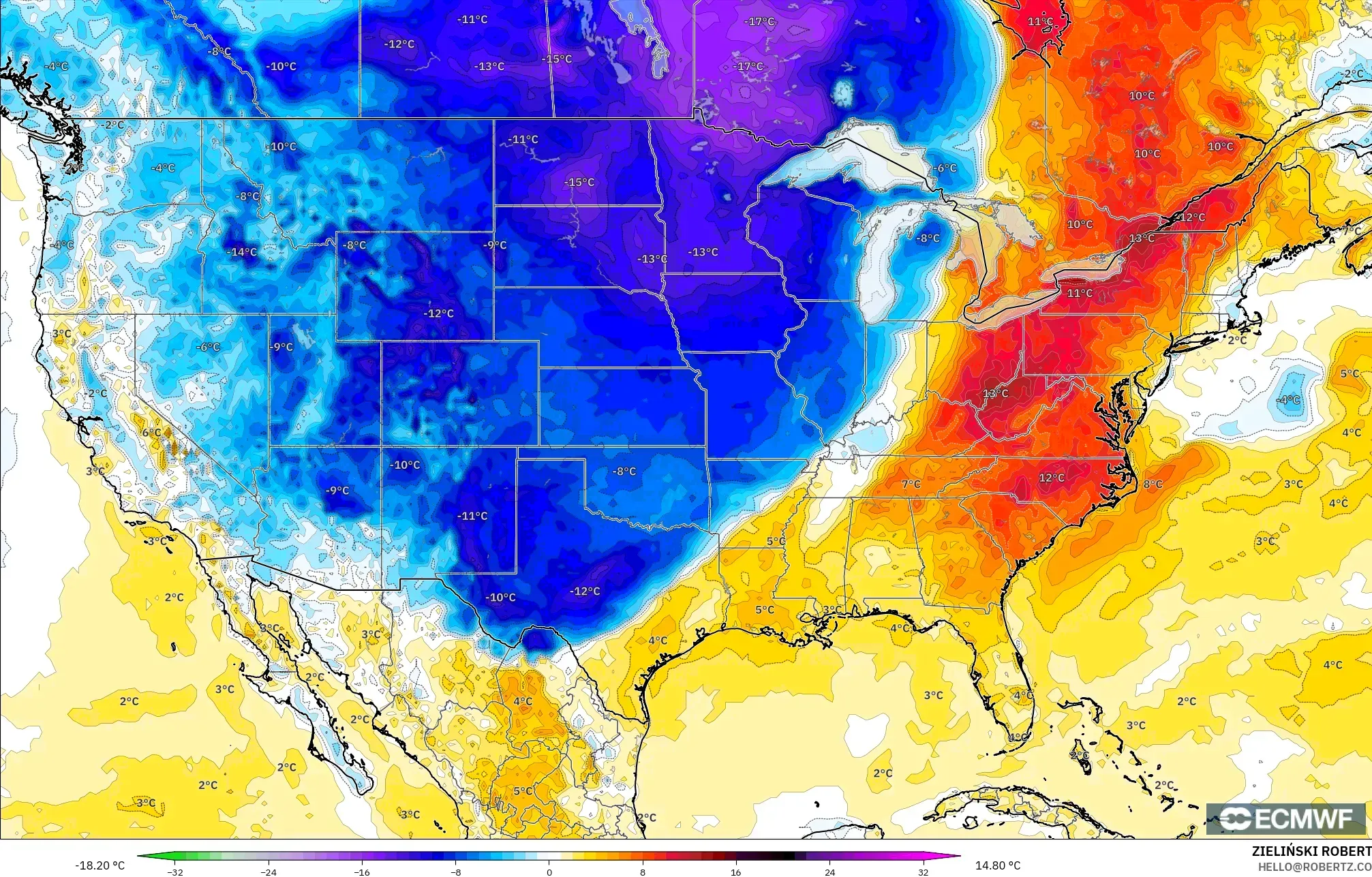 ECMWF IFS 0.25° model - Stany Zjednoczone, Anomalia temperatury na 2 m