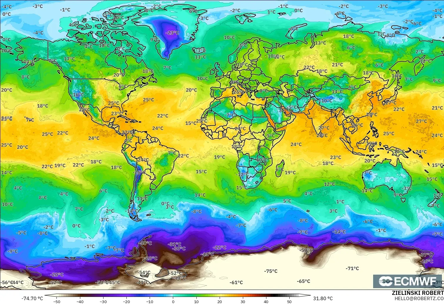 ECMWF IFS 0.25° model - Świat, Punkt rosy na 2 m
