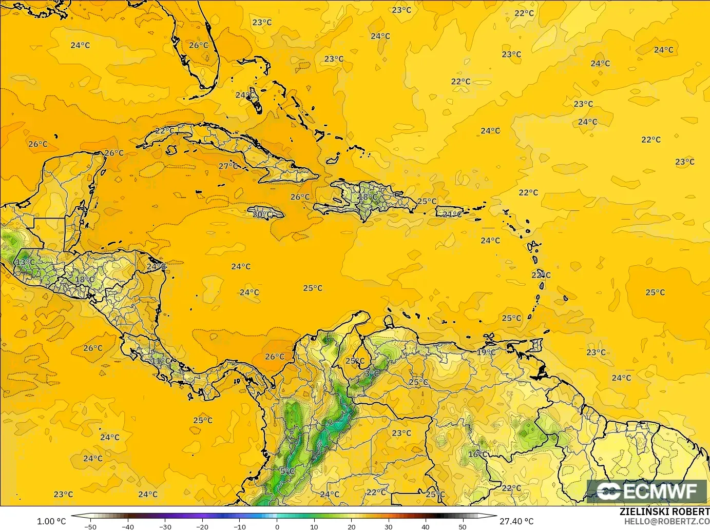 ECMWF IFS 0.25° model - Karaiby, Punkt rosy na 2 m