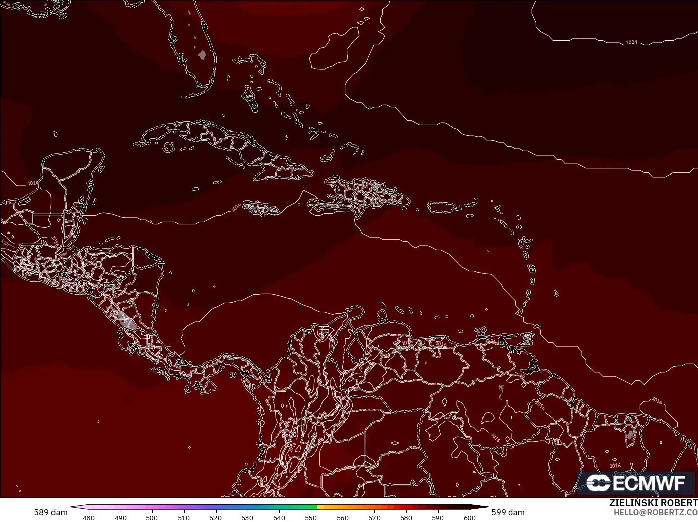 ECMWF IFS 0.25° model - Karaiby, Wysokość geopotencjalna na poziomie 500 hPa