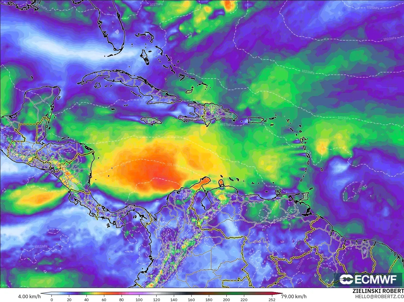 ECMWF IFS 0.25° model - Karaiby, Maksymalne Porywy Wiatru