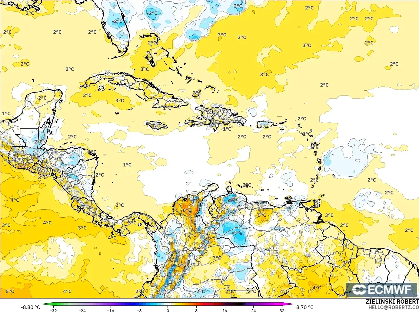 ECMWF IFS 0.25° model - Karaiby, Anomalia temperatury na 2 m