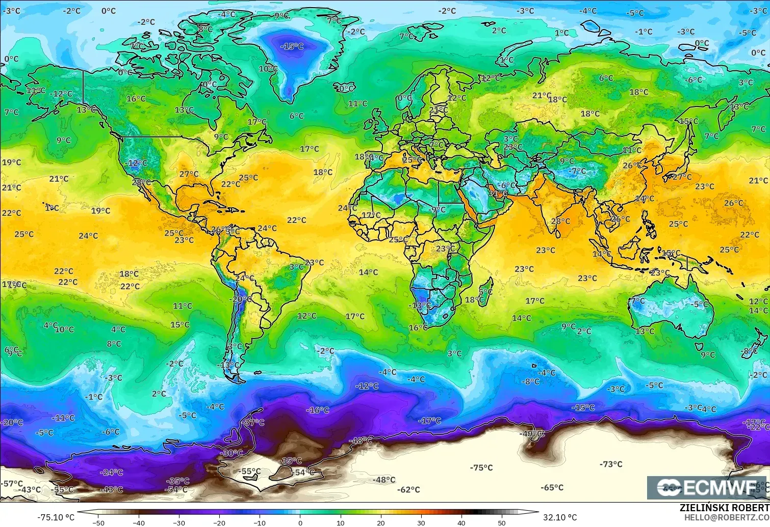 ECMWF IFS 0.25° model - Świat, Punkt rosy na 2 m