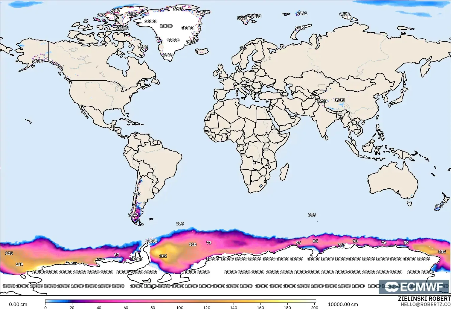 ECMWF IFS 0.25° model - Świat, Pokrywa śnieżna