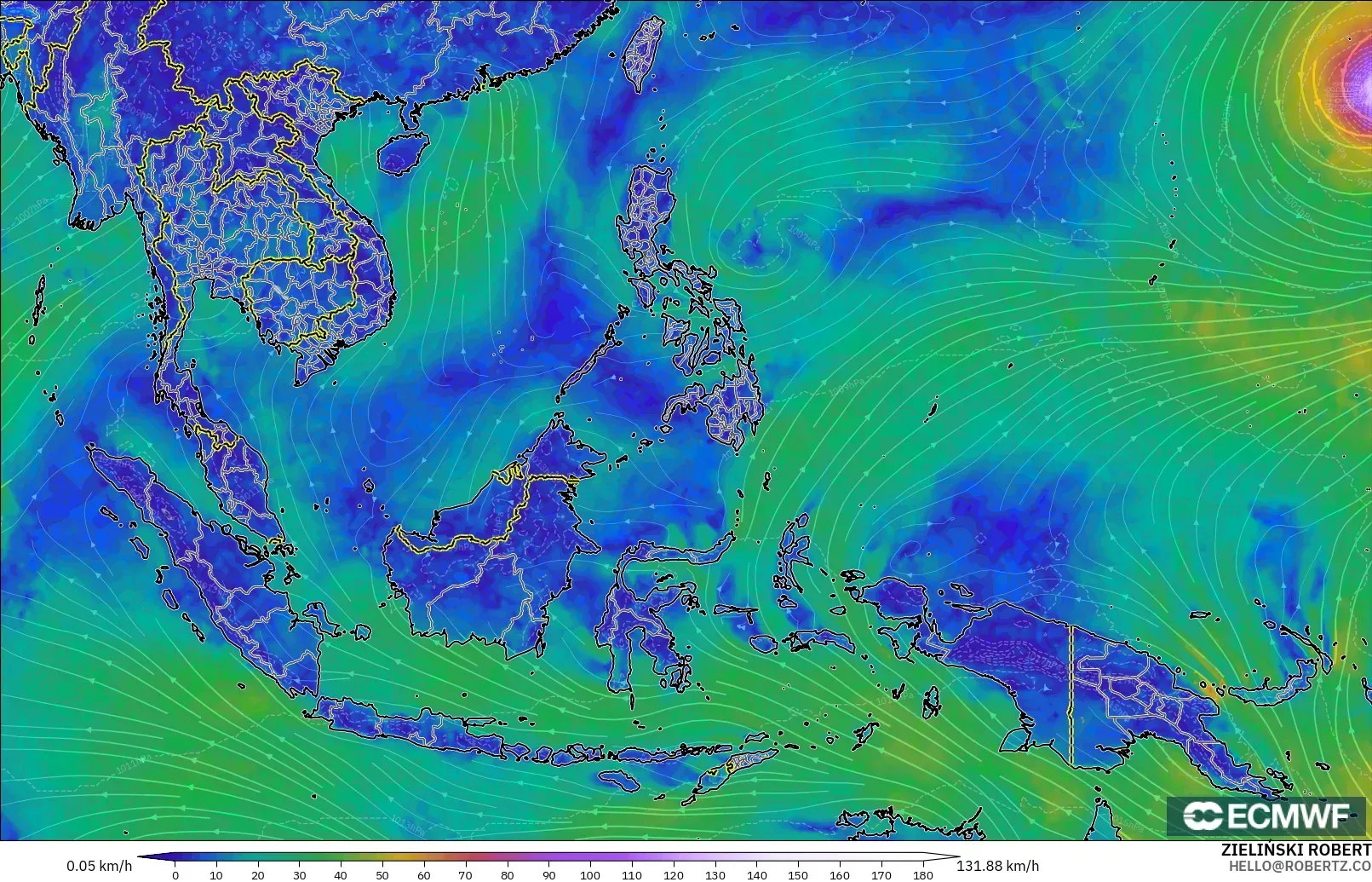 ECMWF IFS 0.25° model - Azja Południowo-Wschodnia, Wiatr na 10 m